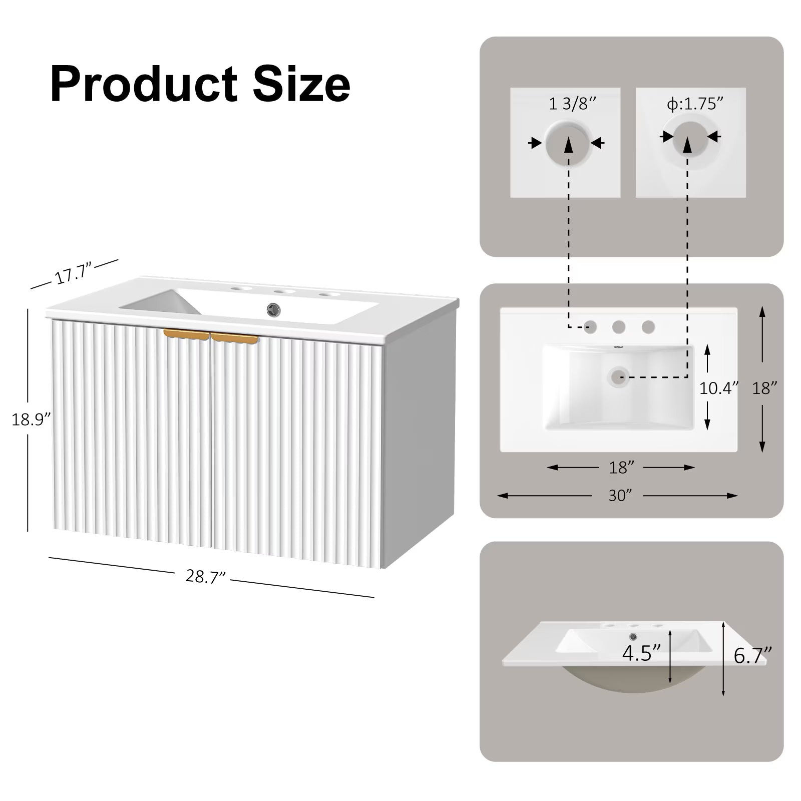 EVOKEDEN 30" Wall Mounted Floating Vanity Cabinet w/ LED Light, Metal Handle & Double Soft-Close Doors, White