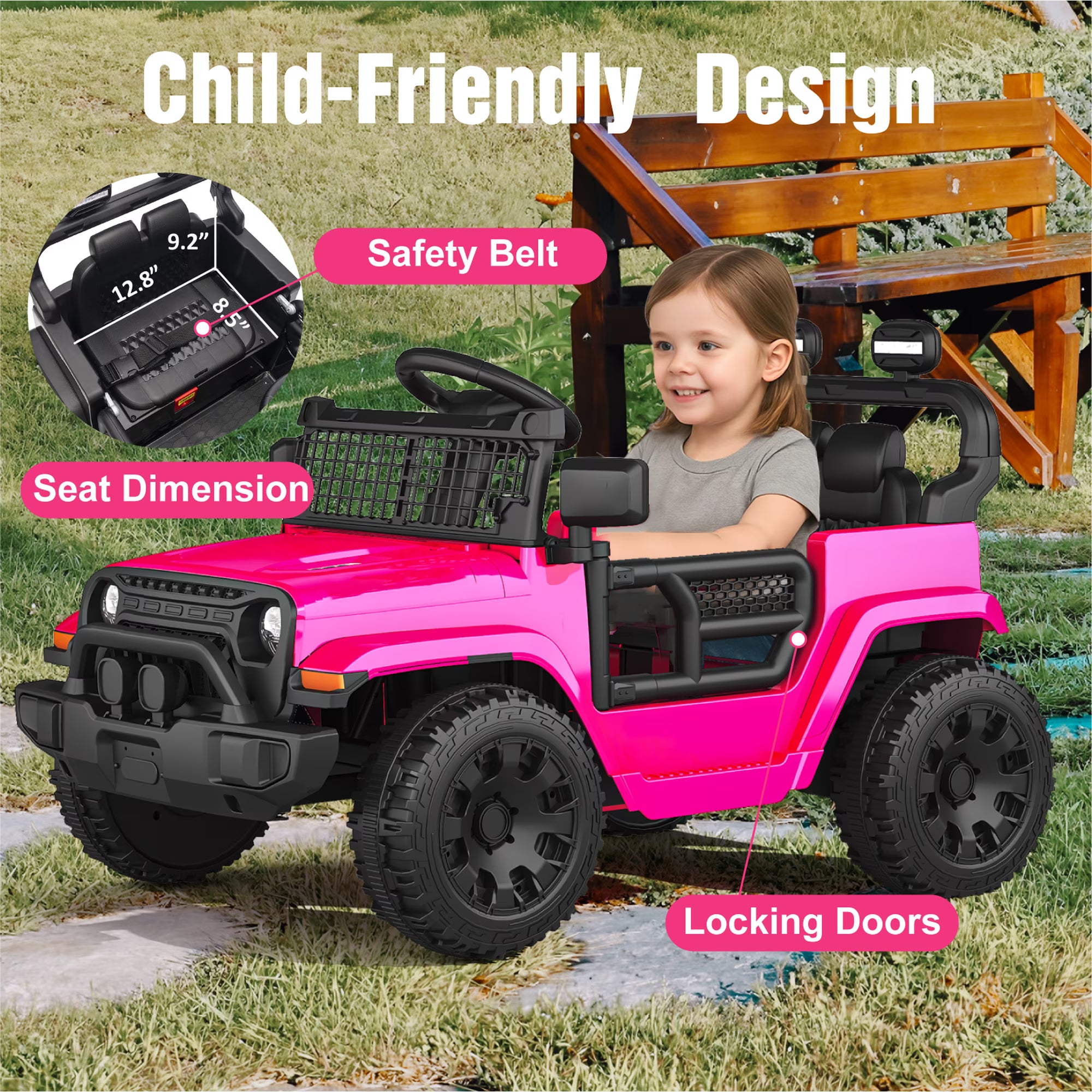 EVOKEDEN 12V Remote Control Ride On Car for Kids, Electric Toddler Car with Spring Suspension, LED Lights & Music, Pink