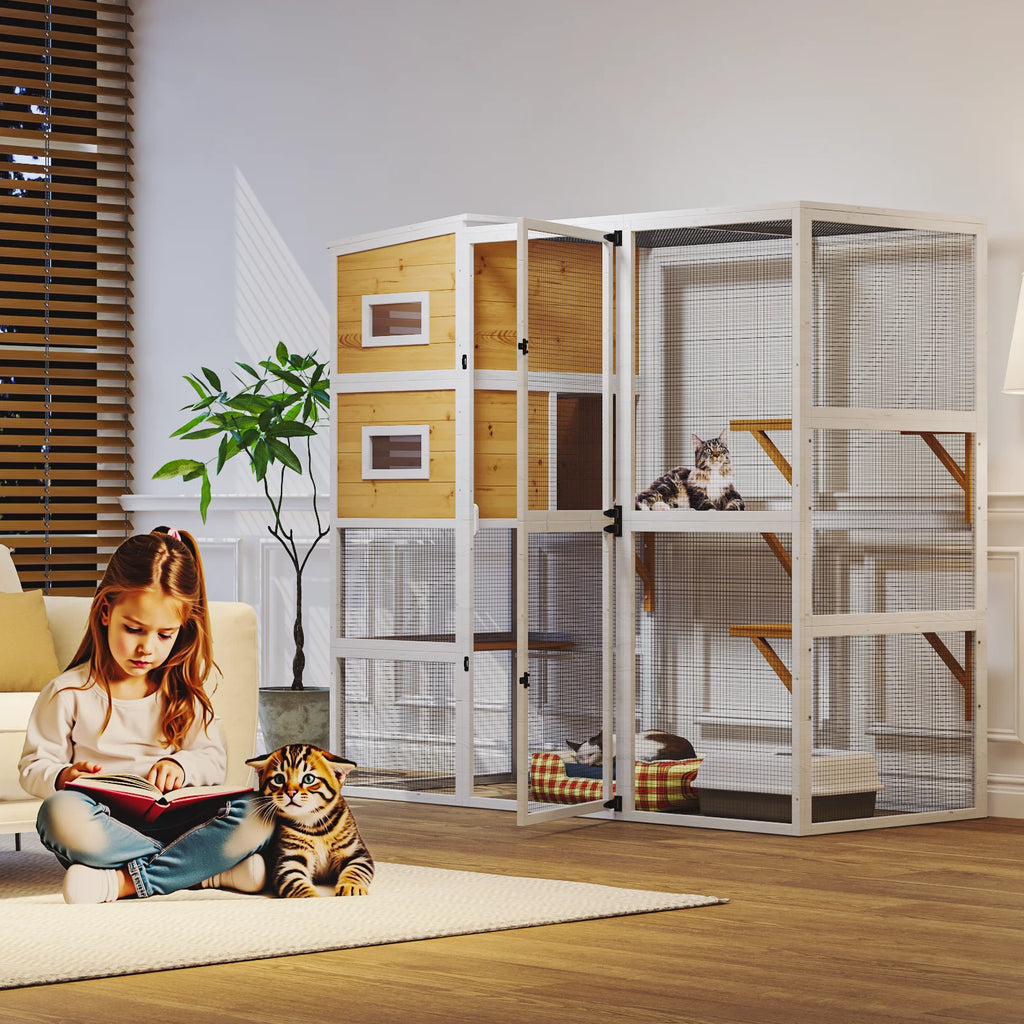 TIMHAKA 4 Tier Catio Outdoor Cat Enclosure, DIY Large Cat Cages Indoor with Window for 3 Cats, Cat Playpens with Resting Box, Platform, Waterproof Roof & Large Door, 76" L x 32.9" W x 70.8" H, White 4 stars out of 9 reviews (4.0)