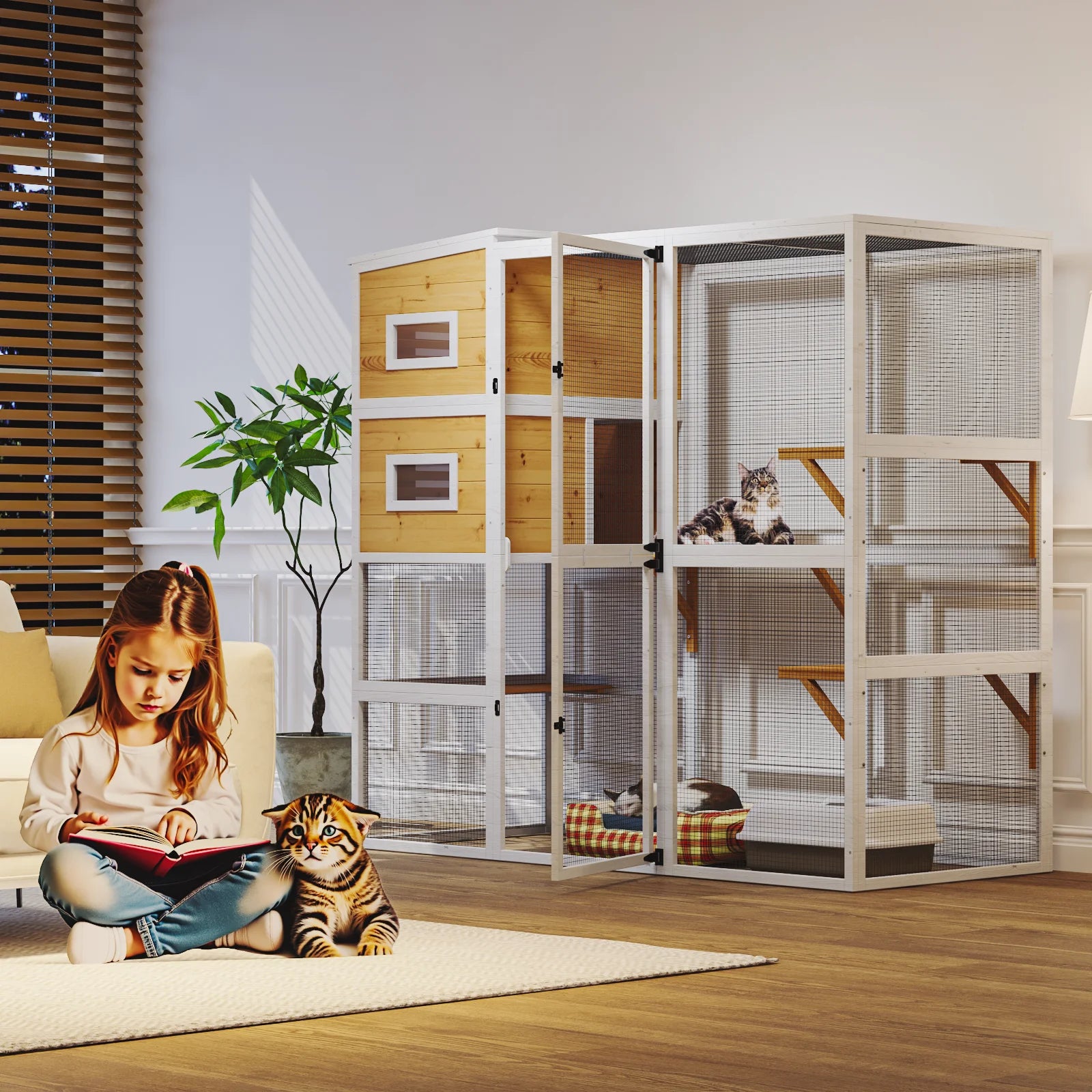 TIMHAKA 4 Tier Catio Outdoor Cat Enclosure, DIY Large Cat Cages Indoor with Window for 3 Cats, Cat Playpens with Resting Box, Platform, Waterproof Roof & Large Door, 76" L x 32.9" W x 70.8" H, White 4 stars out of 9 reviews (4.0)