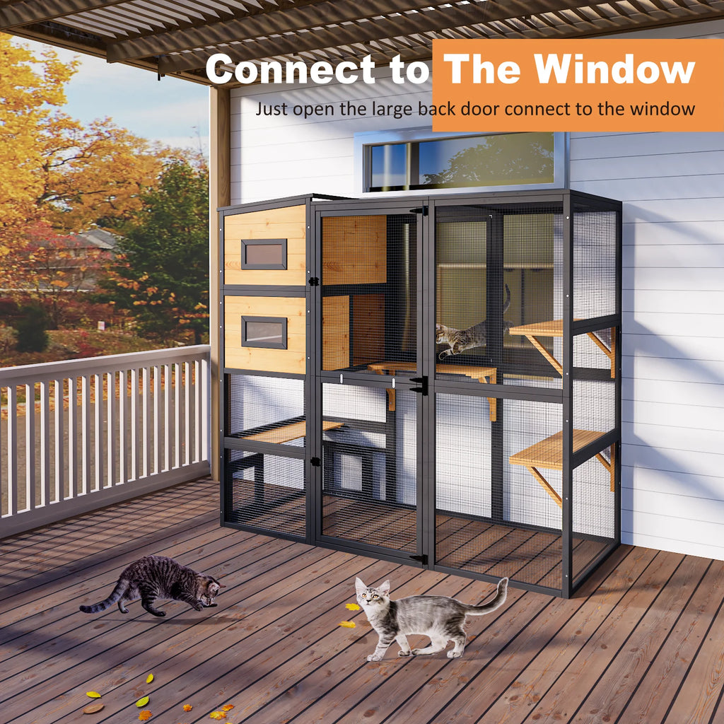 TIMHAKA Catio Outdoor Cat Enclosure Large Wooden Cat House for Mulitiple Cats w/ Resting Box, Platform, Waterproof Roof & Large Door, Black & Yellow