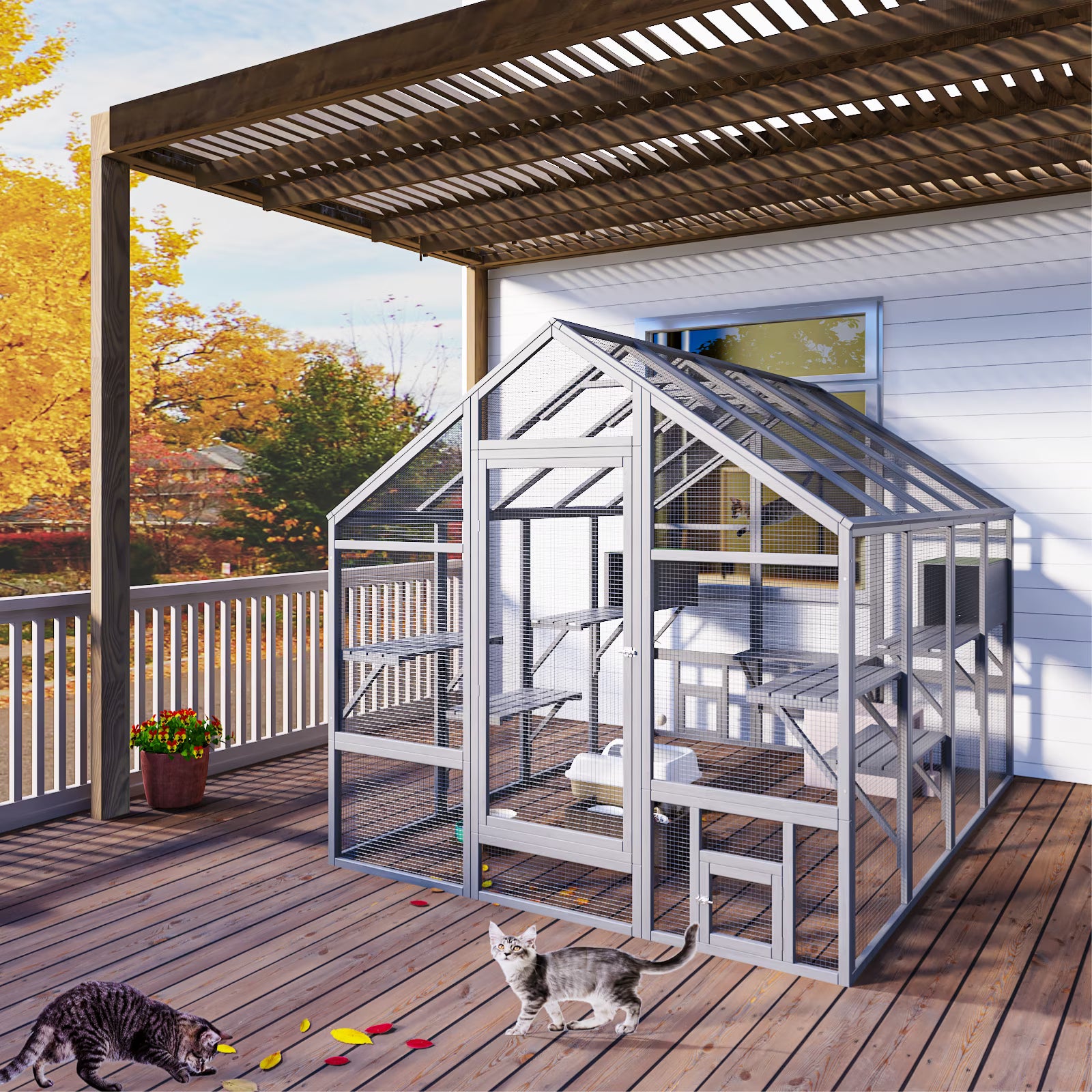 TIMHAKA 97" Outdoor Large Cat Enclosure, Wooden Cat Catio w/ 7 Platforms, 2 Resting Boxes & Weatherproof Cover for Multiple Pets