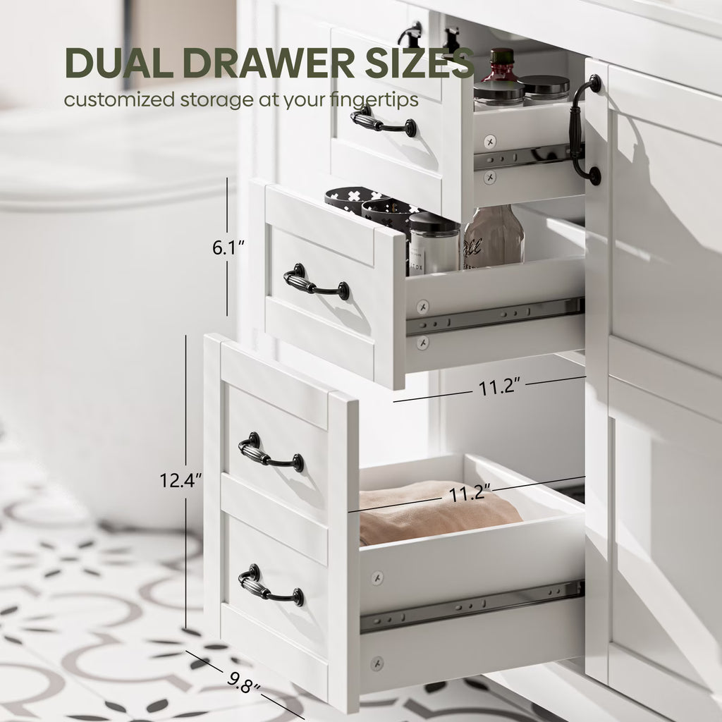 EVOKEDEN 48'' Bathroom Vanity with Sink Combo, Freestanding Farmhouse Thickened Wood Bathroom Storage Cabinet with Undermount Double Sink, 3 Drawers & 2 Soft-Close Doors with Organizers, White