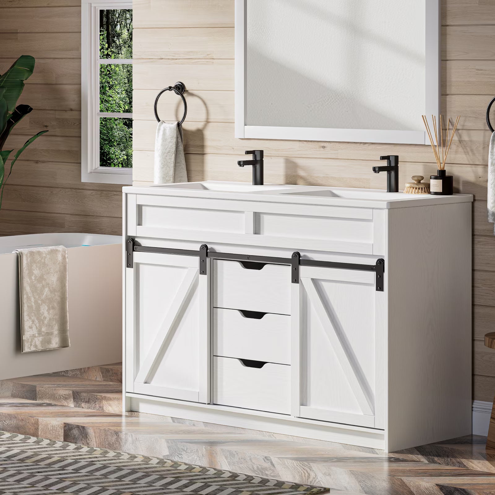 EVOKEDEN 48" Bathroom Vanity with Double Sink Combo, Farmhouse Bathroom Cabinet Set with Sliding Barn Door & 3 Drawers, White