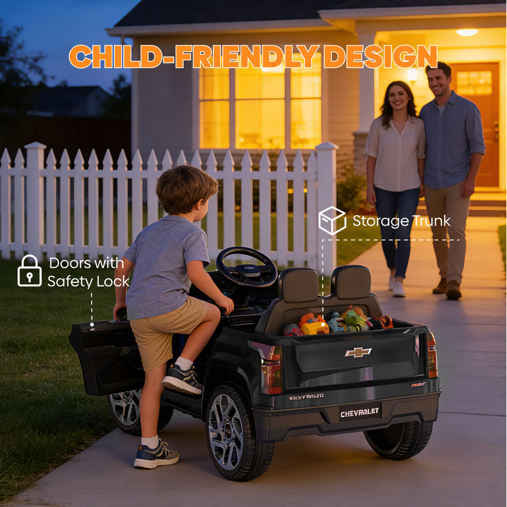 EVOKEDEN 24V Licensed Chevrolet Silverado Electric Car for Kids, Ride on Toys for Toddlers with Remote Control, Soft Start, LED Lights, Music Player, Seat Belts, Black