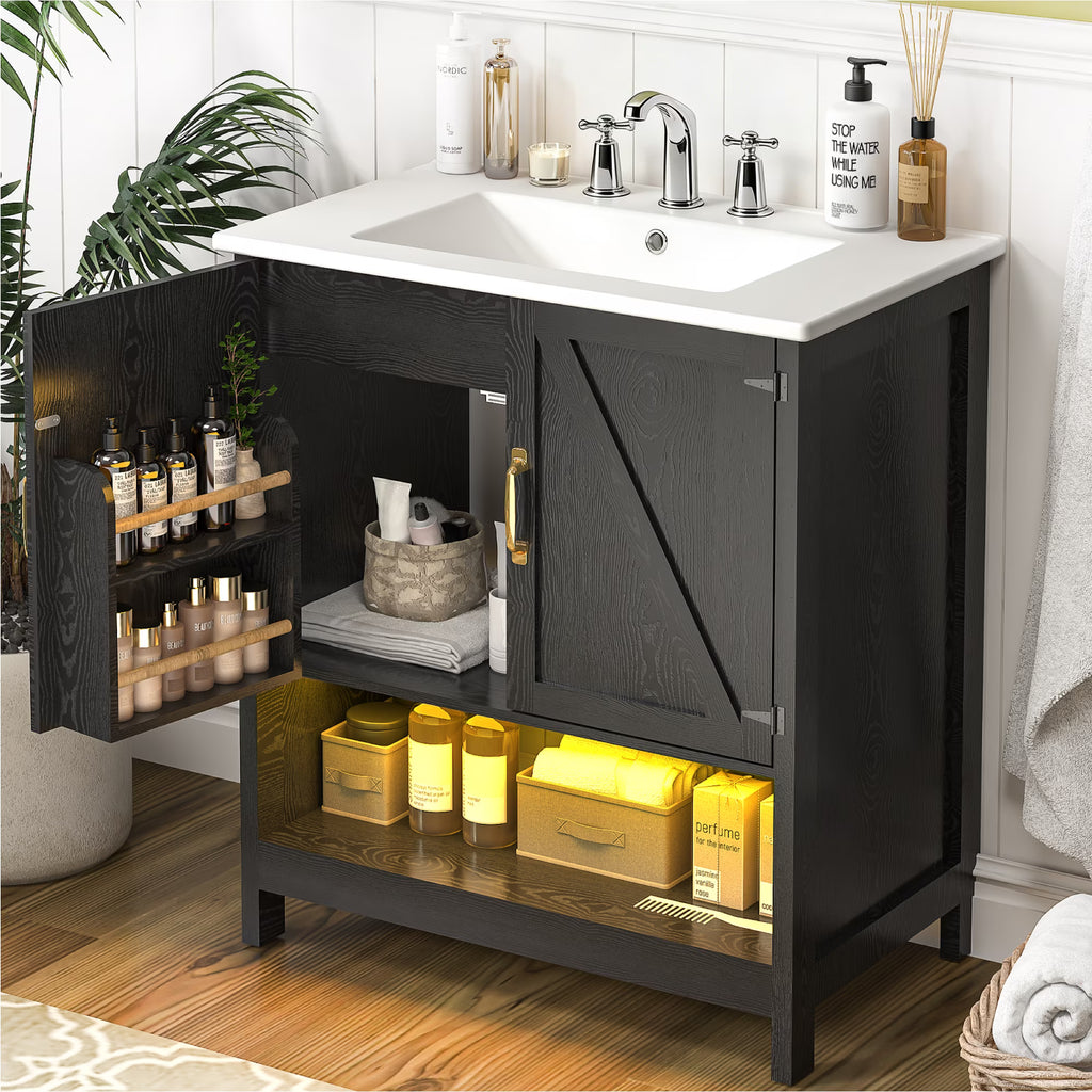 EVOKEDEN 30" Bathroom Vanity w/ Ceramic Sink & LED Light, Freestanding Storage Cabinet w/ Organizer, Black