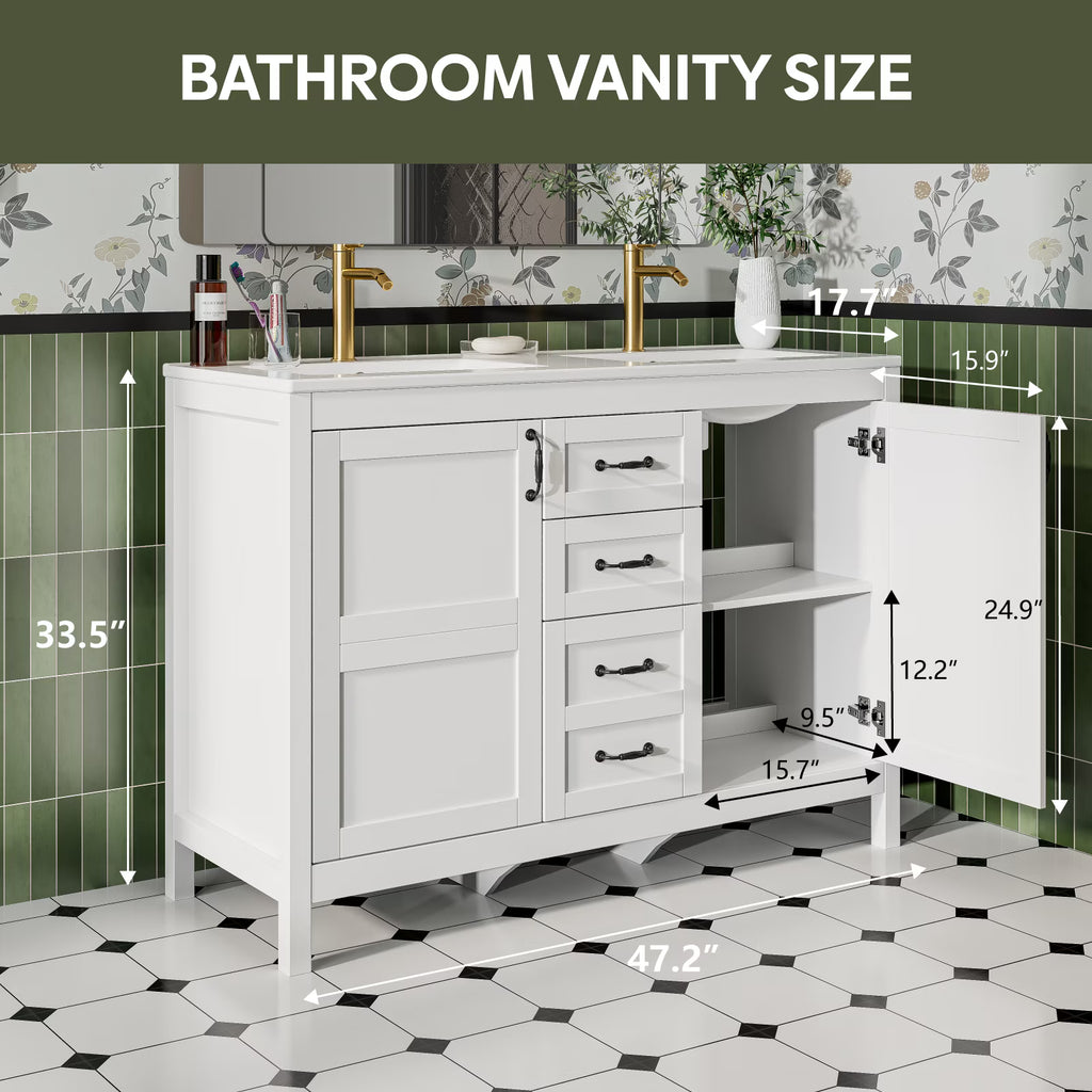 EVOKEDEN 48'' Bathroom Vanity with Sink Combo, Freestanding Farmhouse Thickened Wood Bathroom Storage Cabinet with Undermount Double Sink, 3 Drawers & 2 Soft-Close Doors with Organizers, White