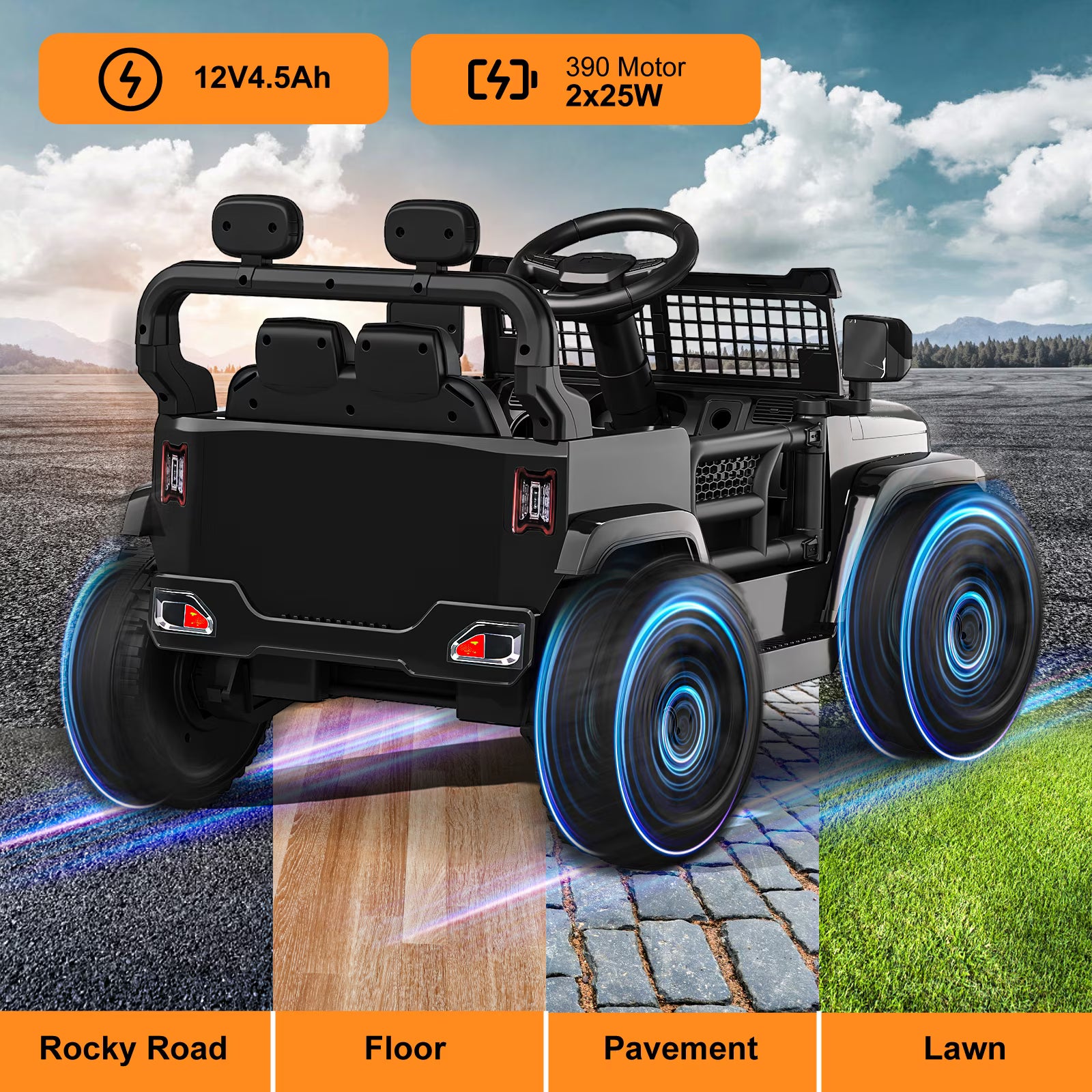EVOKEDEN 12V Remote Control Ride On Car for Kids, Electric Toddler Car with Spring Suspension, LED Lights & Music, Black