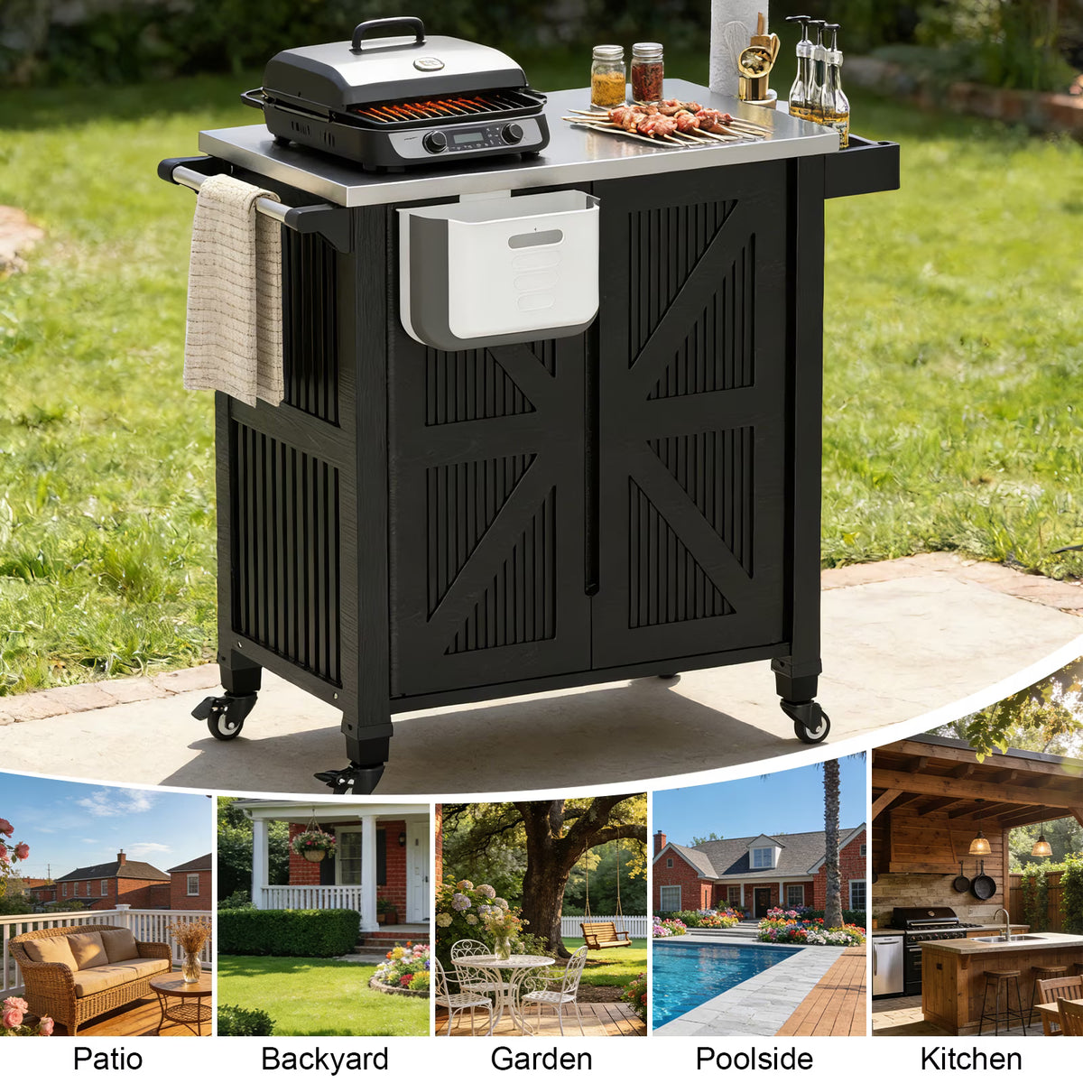 EVOKEDEN Outdoor Grill Cart with Storage Cabinet, Movable Kitchen Island with Wheels, PP Material Rolling BBQ Food Prep Table Cart for Patio, Black