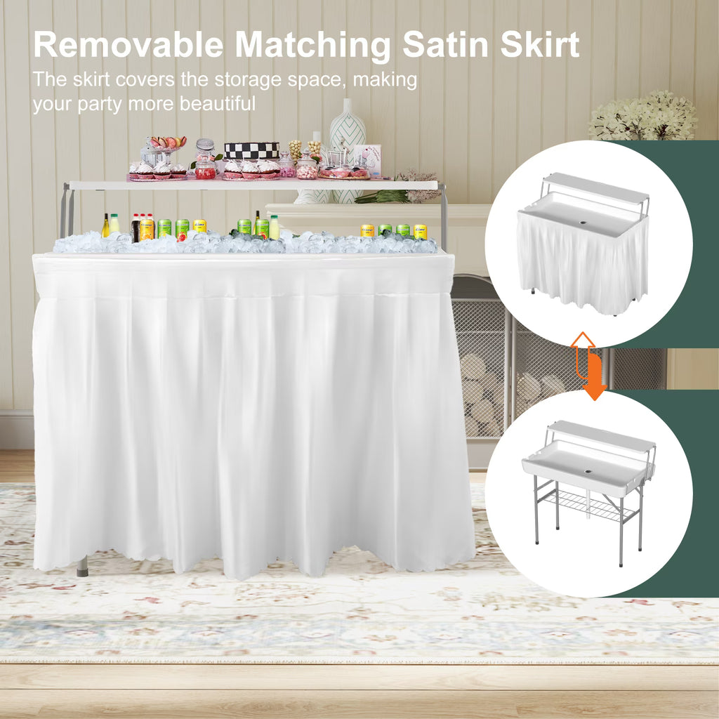 EVOKEDEN 2 Tiers 4 Foot Party Ice Cooler Table, Folding Tailgate Camp Fishing Cleaning with Matching Skirt & Drain Hose for BBQ, Camping, Picnic, White