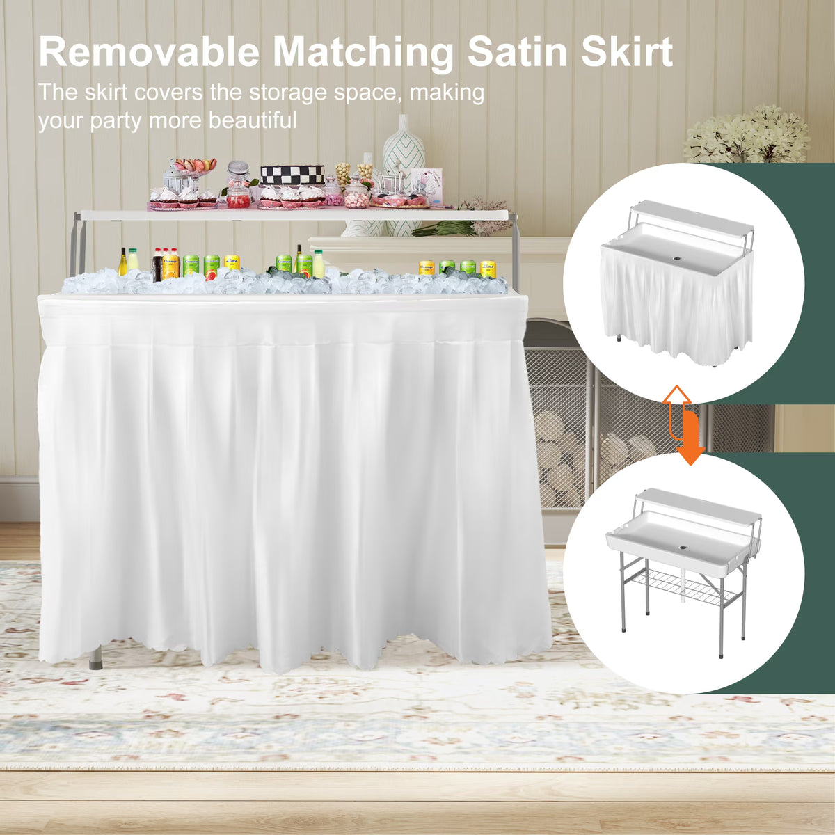 EVOKEDEN 2 Tiers 4 Foot Party Ice Cooler Table, Folding Tailgate Camp Fishing Cleaning with Matching Skirt & Drain Hose for BBQ, Camping, Picnic, White