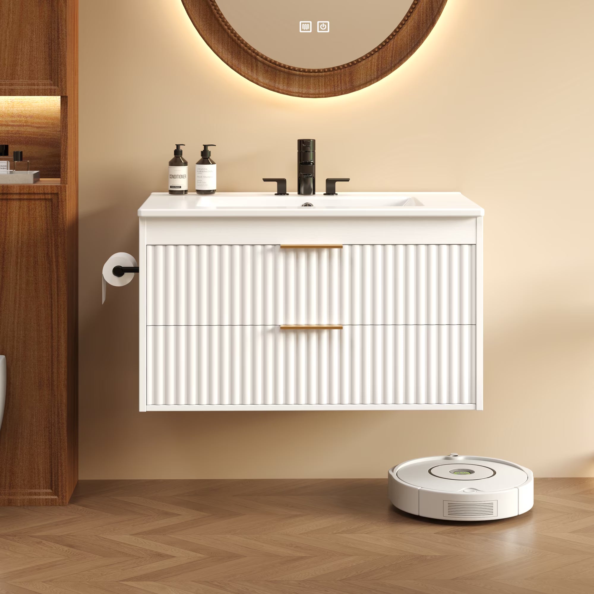 EVOKEDEN 30” Floating Bathroom Vanity with Sink, Wall-Mounted Vanity with 2 Drawers & LED Light, White