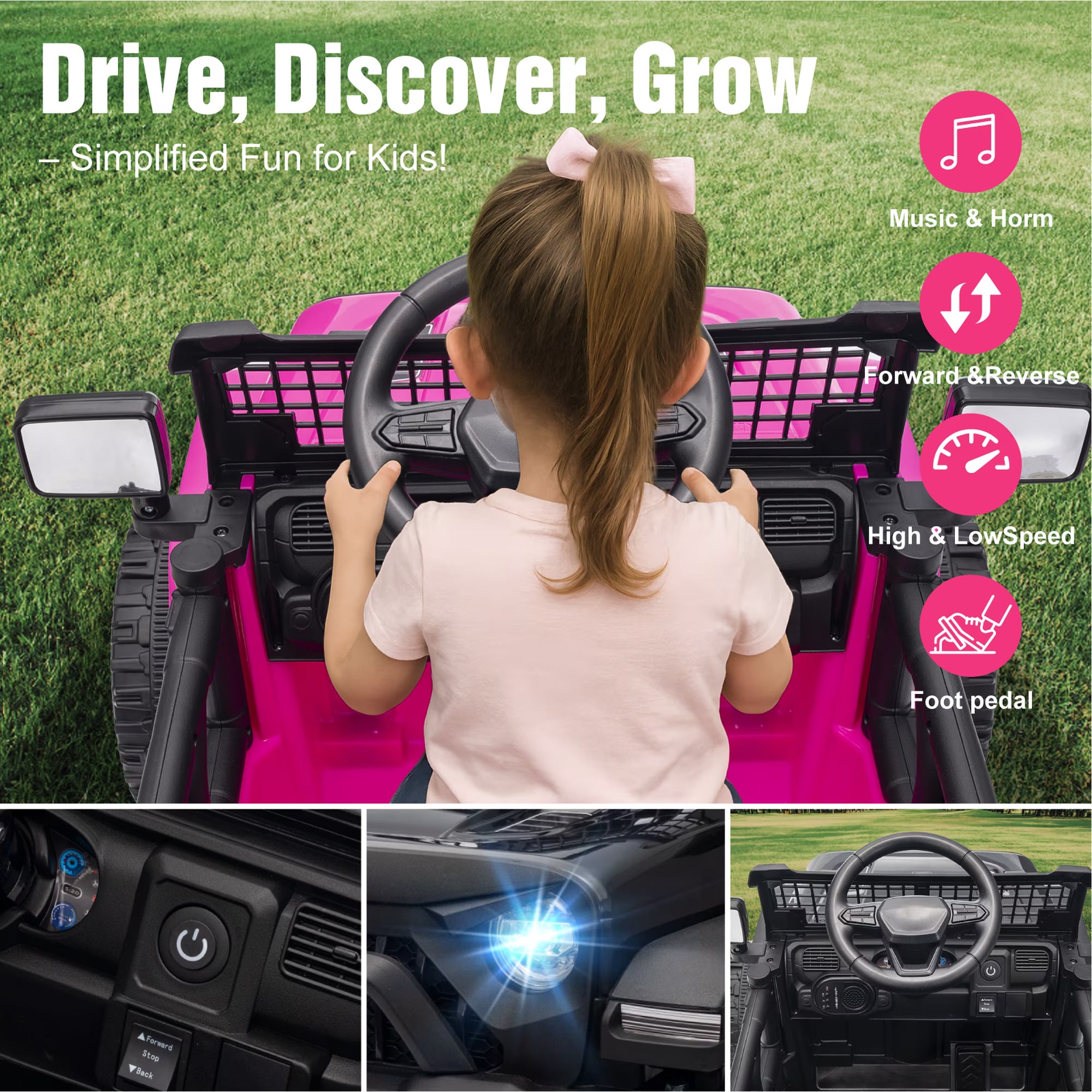 EVOKEDEN 12V Remote Control Ride On Car for Kids, Electric Toddler Car with Spring Suspension, LED Lights & Music, Pink