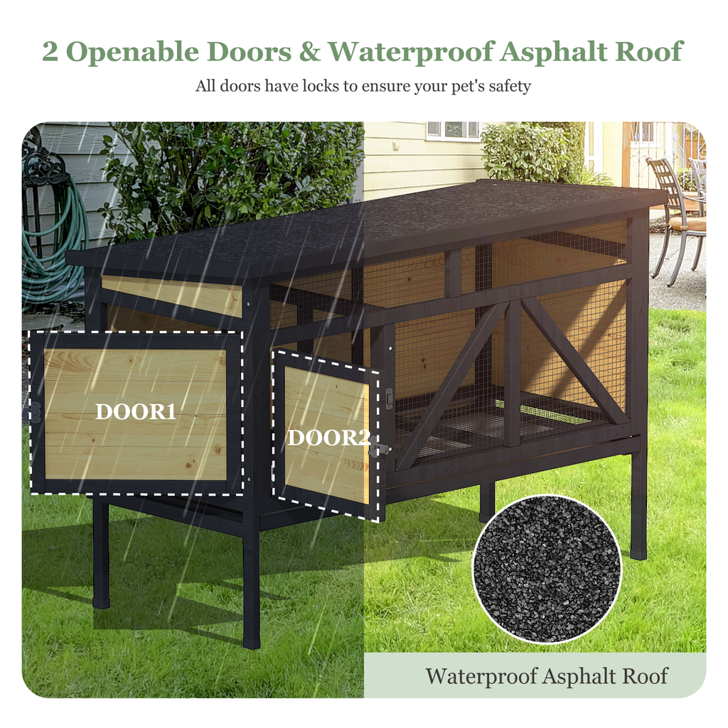 46.7" Elevated Rabbit Cage, Indoor & Outdoor Rabbit Hutch, Bunny Cage for Guinea Pig, Wooden Design with Removable Tray, Waterproof Asphalt Roof & Bottom Wire Mesh for Small-Medium Animals