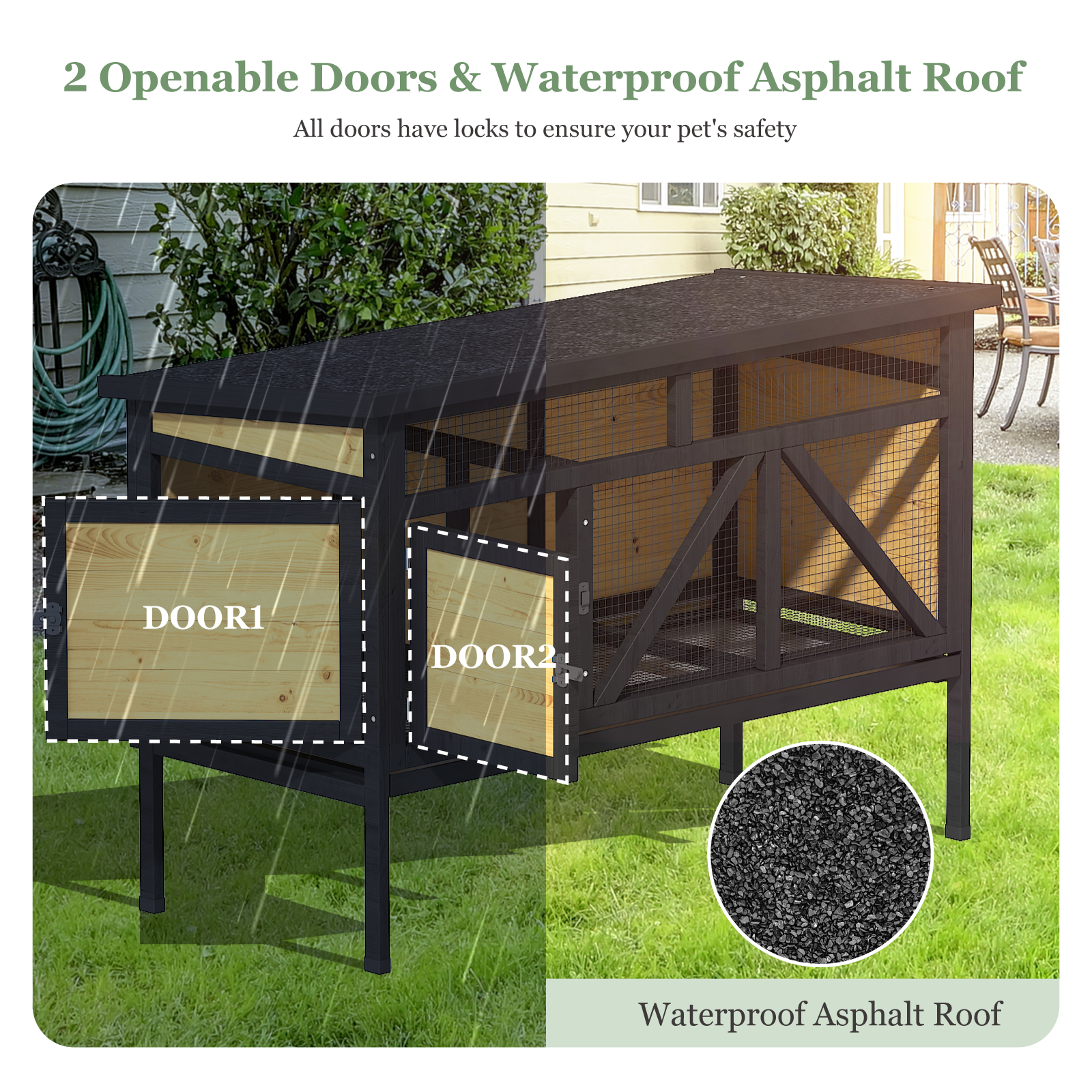 46.7" Elevated Rabbit Cage, Indoor & Outdoor Rabbit Hutch, Bunny Cage for Guinea Pig, Wooden Design with Removable Tray, Waterproof Asphalt Roof & Bottom Wire Mesh for Small-Medium Animals