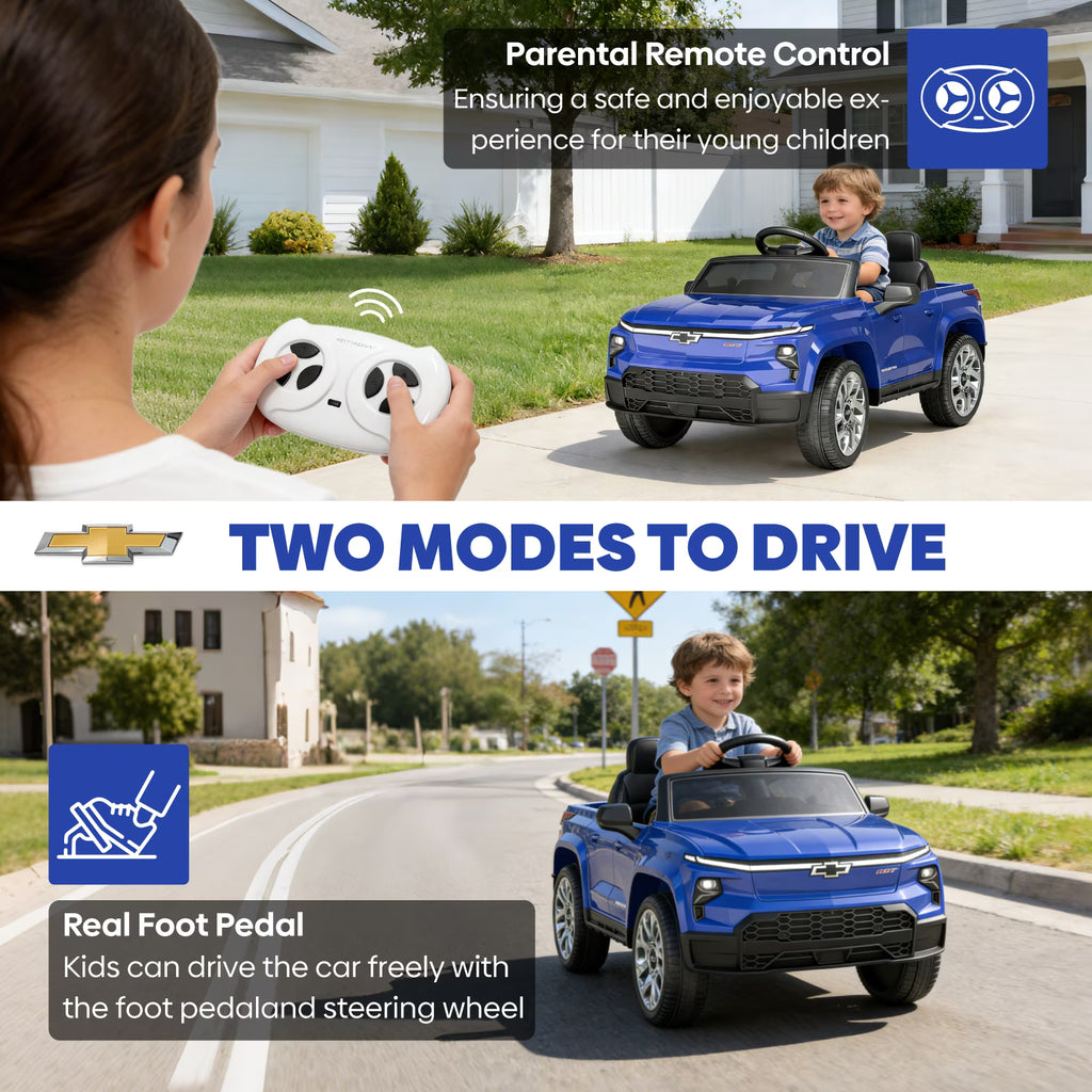 EVOKEDEN 24V Licensed Chevrolet Silverado Electric Car for Kids, Ride on Toys for Toddlers with Remote Control, Soft Start, LED Lights, Music Player, Seat Belts, Blue