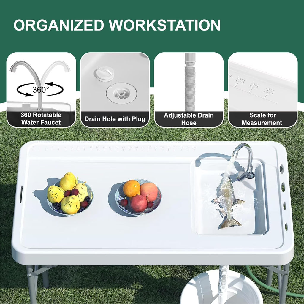 EVOKEDEN 42.5" Fish Cleaning Table w/ Sink, Folding Camping Table & Fish Cleaning Station w/ Measure Mark