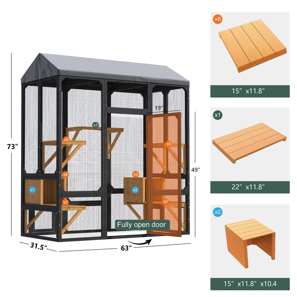 TIMHAKA 72” Catio Outdoor Cat Enclosure, Large Cat Catio for Multiple Cats, Outdoor Cats Enclosure with Waterproof Cover, Black & Yellow