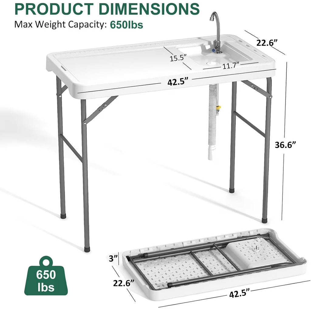 EVOKEDEN 42.5" Fish Cleaning Table w/ Sink, Folding Camping Table & Fish Cleaning Station w/ Measure Mark