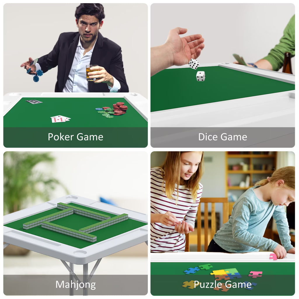 EVOKEDEN 35.4" Folding Mahjong Table with Cup Holder & Green Felt, Portable Domino Tables for 4 Players, White