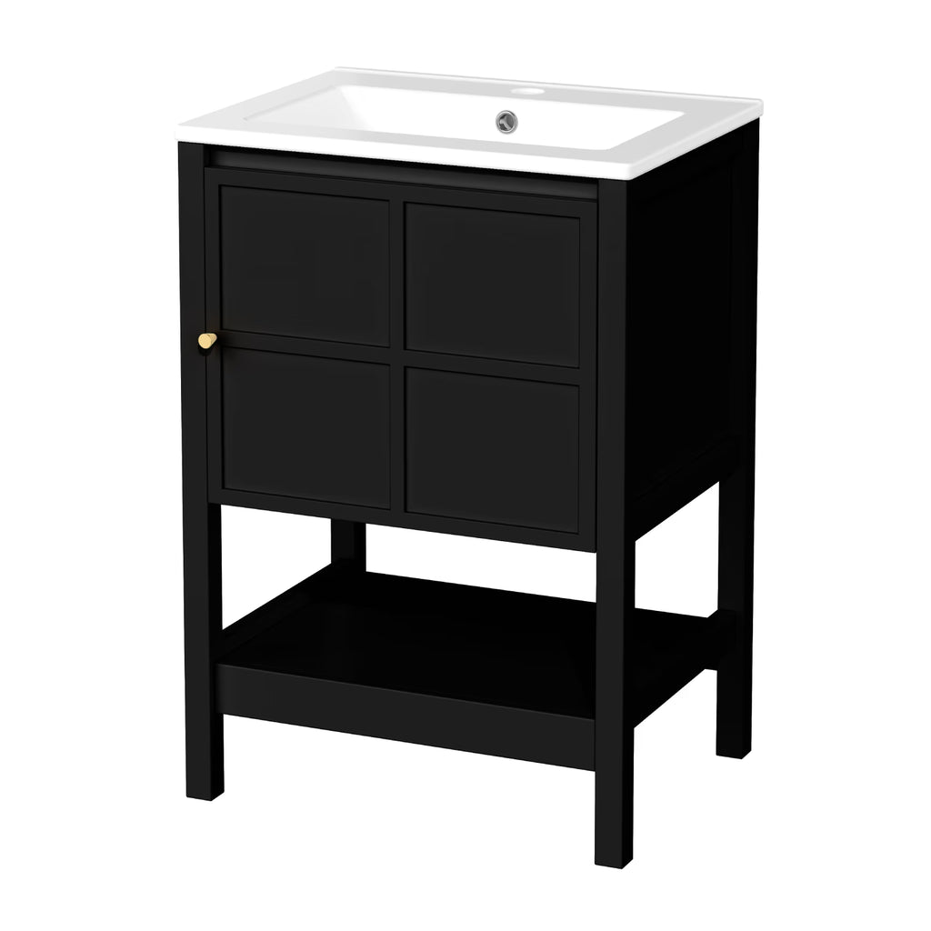 EVOKEDEN 24" Bathroom Vanity with Sink, Small Farmhouse Freestanding Bathroom Cabinet Combo Set, Soft Closing Door and Open Storage Shelf, Black