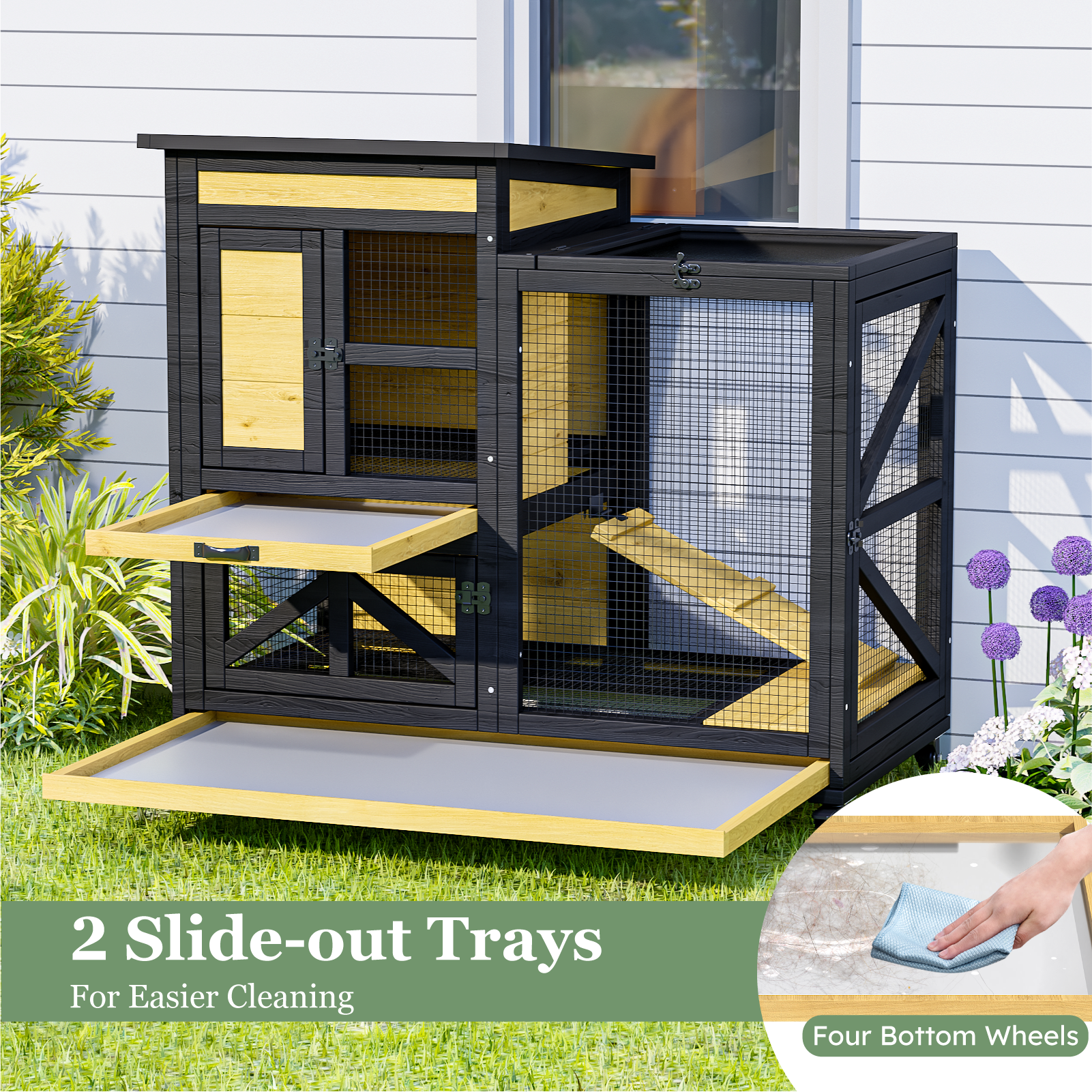 TIMHAKA Large 2-Story Rabbit Cage with Run – Indoor & Outdoor Bunny Hutch 2 Removable Trays, Waterproof Roof, 4 Metal Wheels