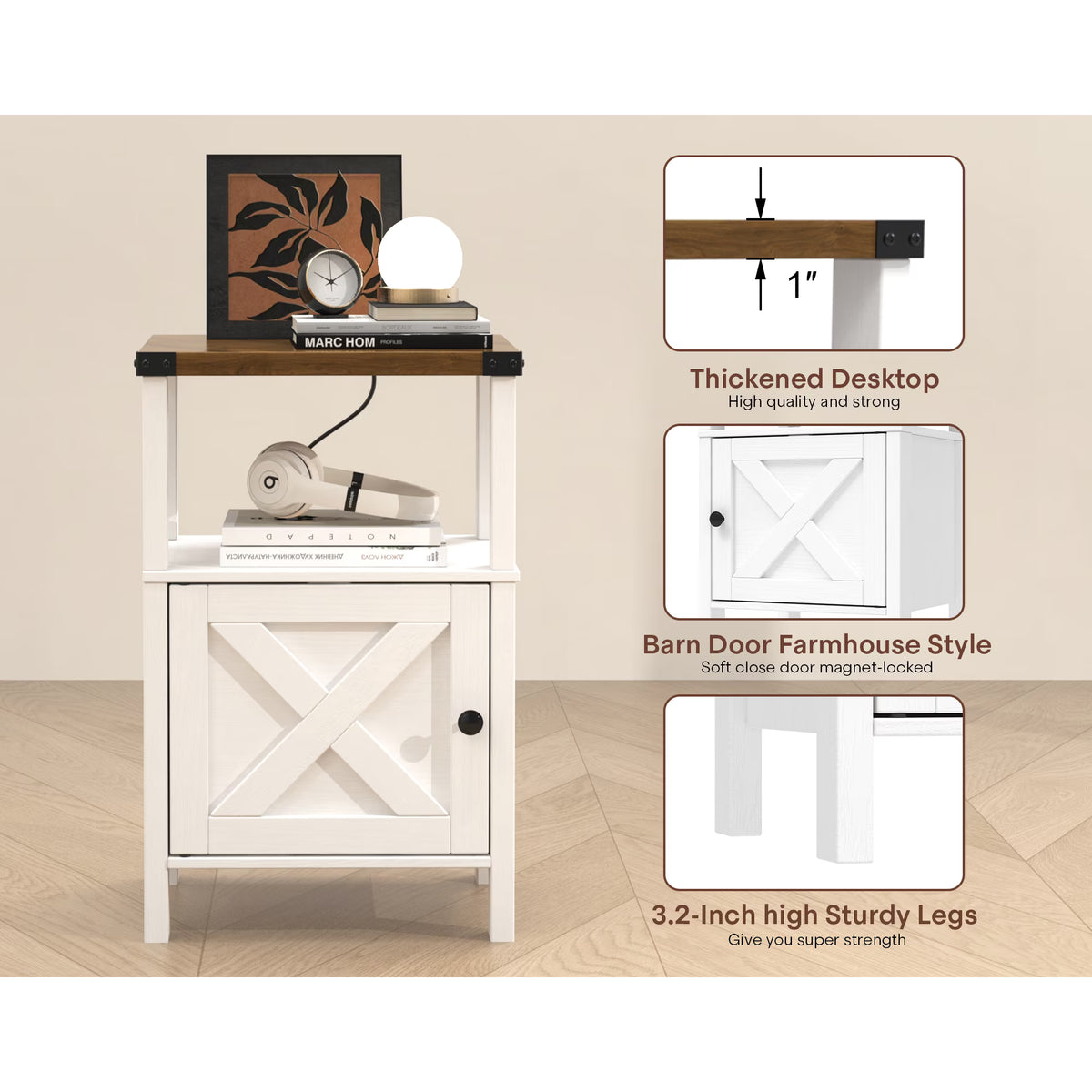 EVOKEDEN 2PCS Farmhouse Nightstands w/ Charging Station & Storage, Wood Side Table w/ Barn Door for Bedroom Living Room, White