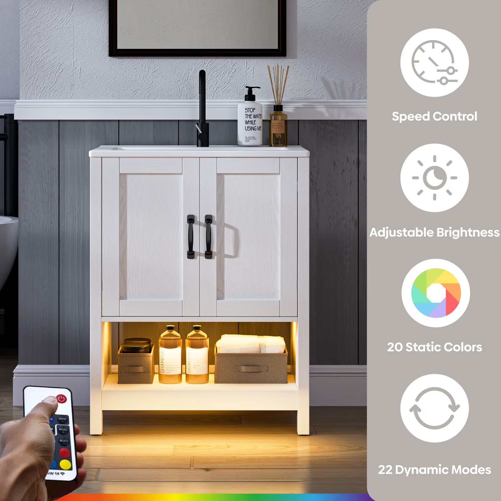 EVOKEDEN 24" Bathroom Vanity with Sink, Freestanding Modern Cabinet Vanity with LED Light, 2 Soft Closing Cabinet Door with Organizer, White