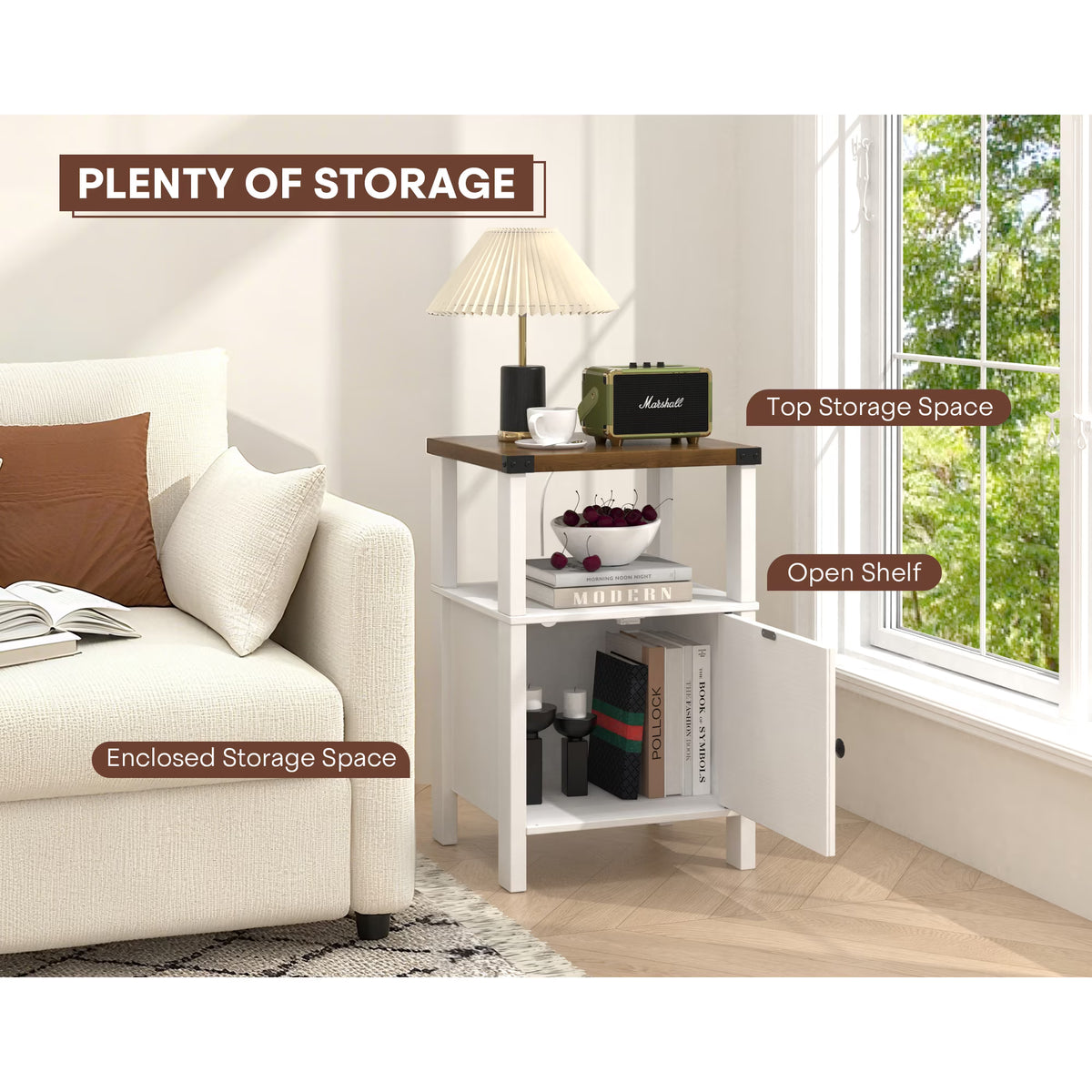 EVOKEDEN 2PCS Farmhouse Nightstands w/ Charging Station & Storage, Wood Side Table w/ Barn Door for Bedroom Living Room, White
