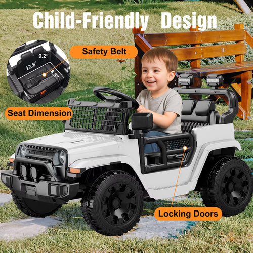 EVOKEDEN 12V Remote Control Ride On Car for Kids, Electric Toddler Car with Spring Suspension, LED Lights & Music, White