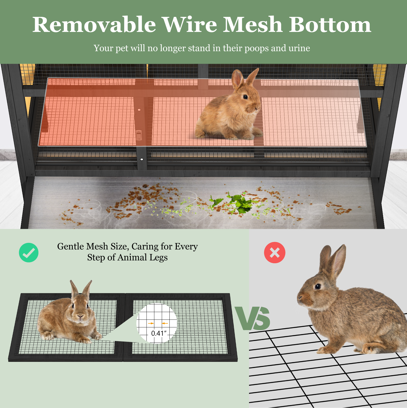 46.7" Elevated Rabbit Cage, Indoor & Outdoor Rabbit Hutch, Bunny Cage for Guinea Pig, Wooden Design with Removable Tray, Waterproof Asphalt Roof & Bottom Wire Mesh for Small-Medium Animals