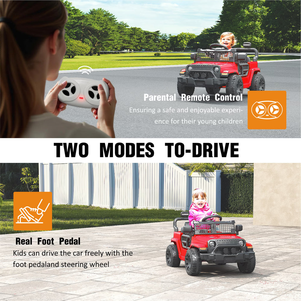 EVOKEDEN 12V Remote Control Ride On Car for Kids, Electric Toddler Car with Spring Suspension, LED Lights & Music, Red