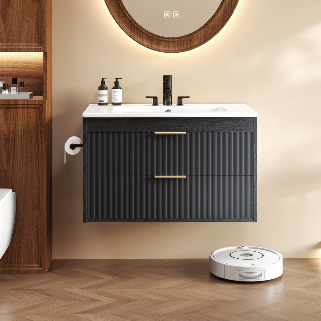 EVOKEDEN 30” Floating Bathroom Vanity with Sink, Wall-Mounted Vanity with 2 Drawers & LED Light, Black