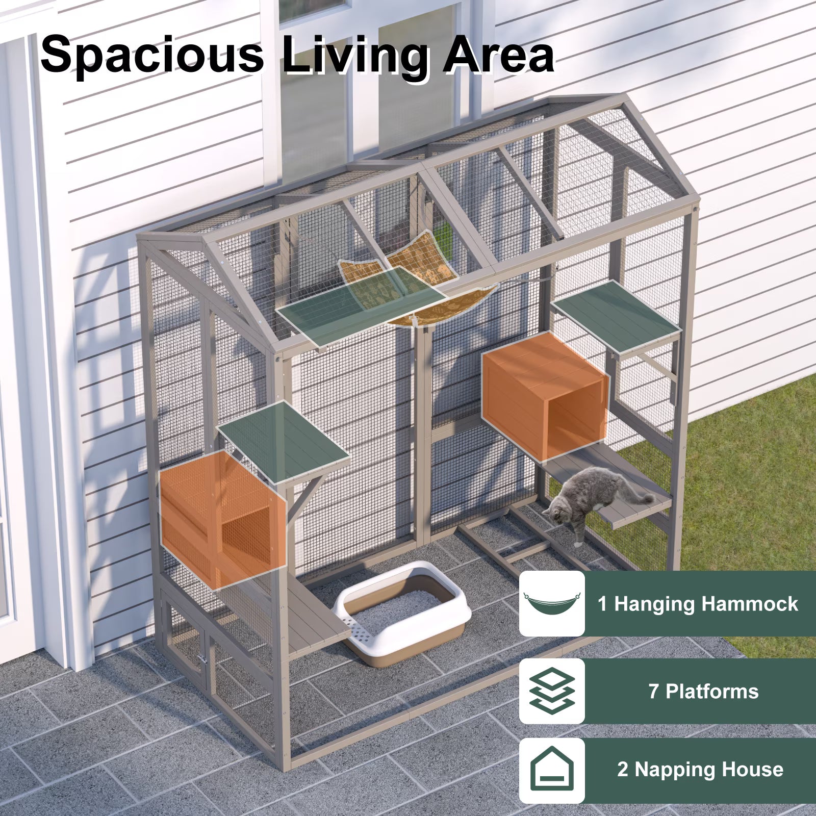 TIMHAKA 71'' Catio Outdoor Cat Enclosure, Large Cat Catio with Window Access, Hammock, 7 Platforms and 2 Resting Box, Gray