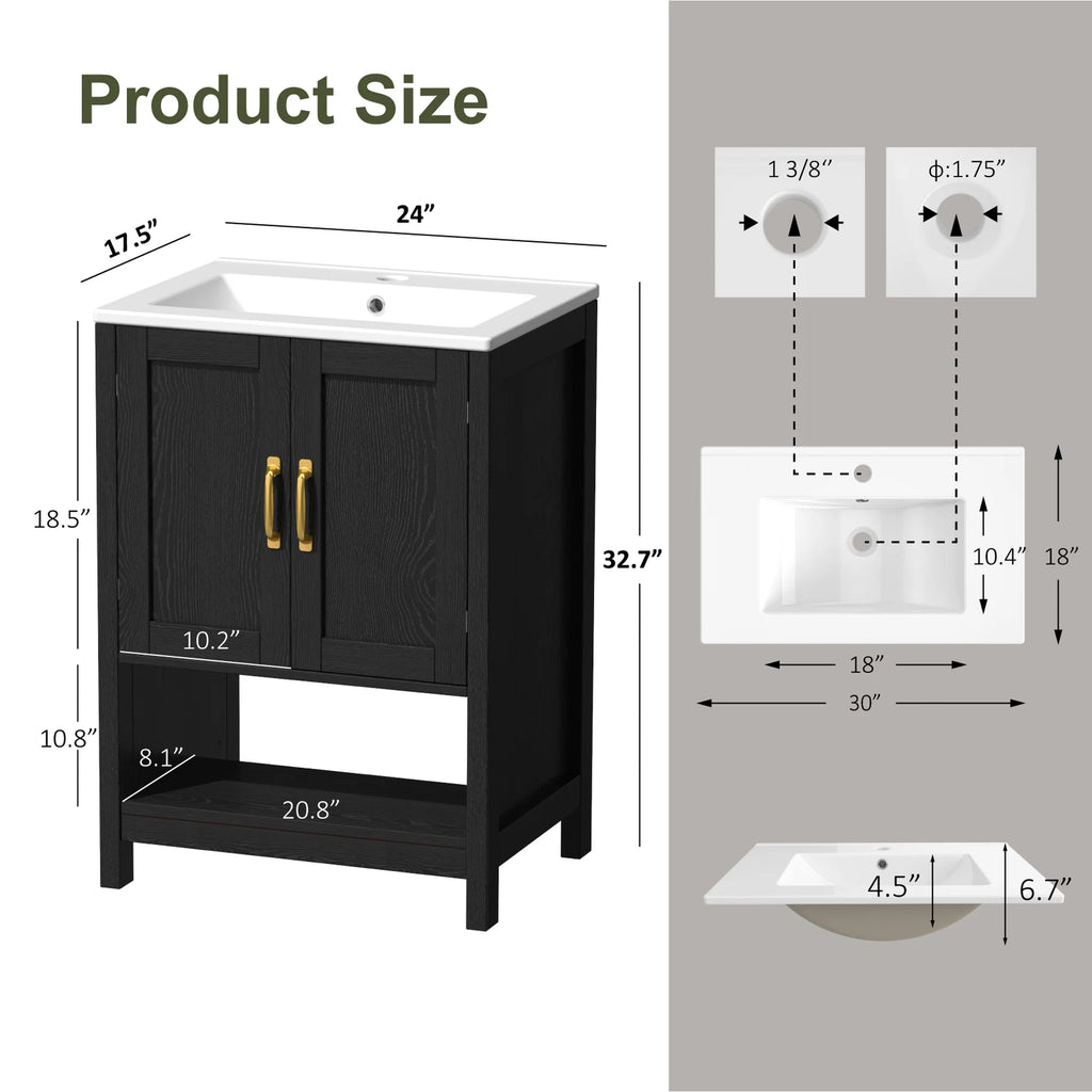 EVOKEDEN 24" Bathroom Vanity with Sink, Freestanding Modern Cabinet Vanity with LED Light, 2 Soft Closing Cabinet Door with Organizer, Black