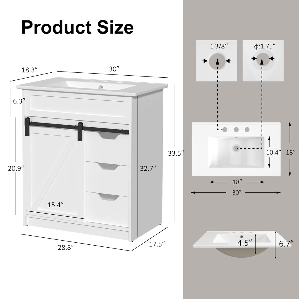 EVOKEDEN 30" Bathroom Vanity with Sink, Bathroom Storage Cabinet with Sliding Barn Door, Farmhouse Bathroom Cabinet with 3 Drawers, White