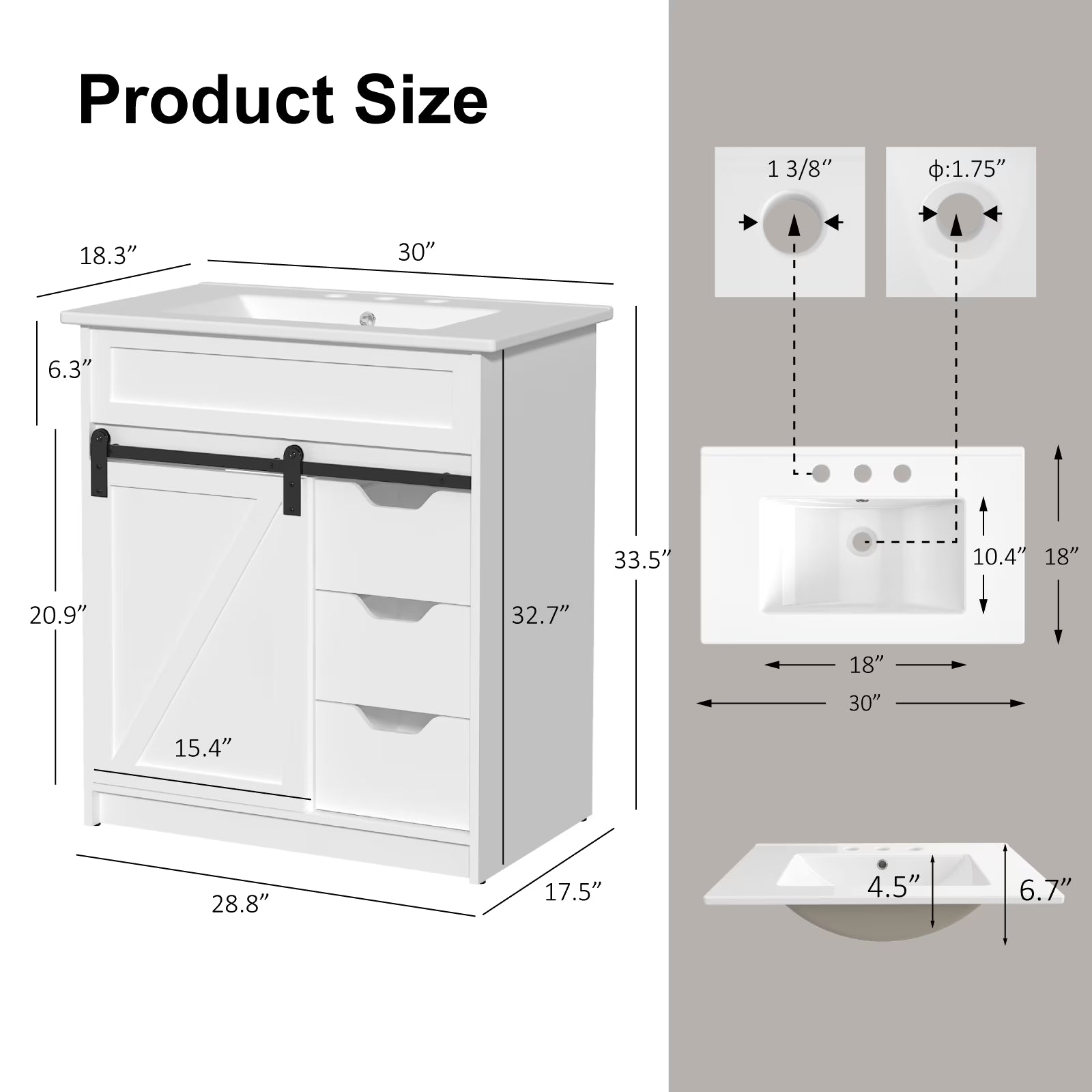 EVOKEDEN 30" Bathroom Vanity with Sink, Bathroom Storage Cabinet with Sliding Barn Door, Farmhouse Bathroom Cabinet with 3 Drawers, White