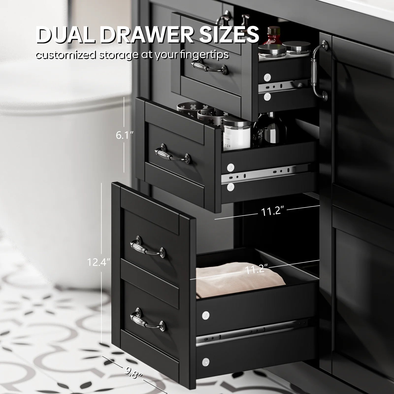 EVOKEDEN 48'' Bathroom Vanity with Sink Combo, Freestanding Farmhouse Thickened Wood Bathroom Storage Cabinet with Undermount Double Sink, 3 Drawers & 2 Soft-Close Doors with Organizers, Black