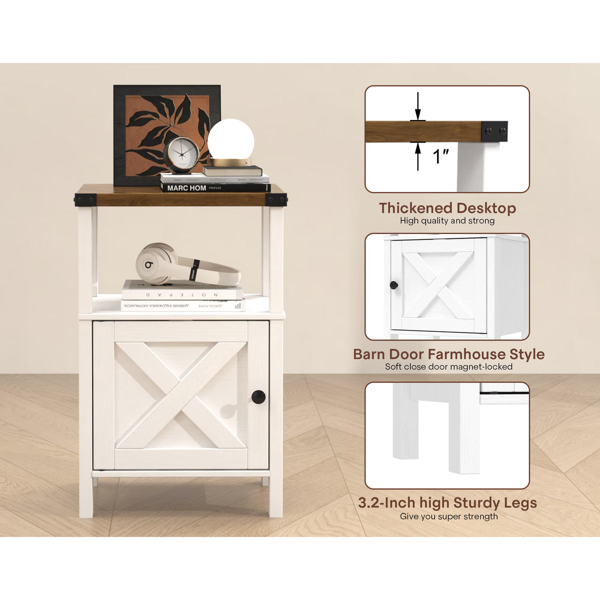 EVOKEDEN 2PCS Farmhouse Nightstands, Sofa Side End Table w/ Storage & Barn Door for Bedroom Living Room White
