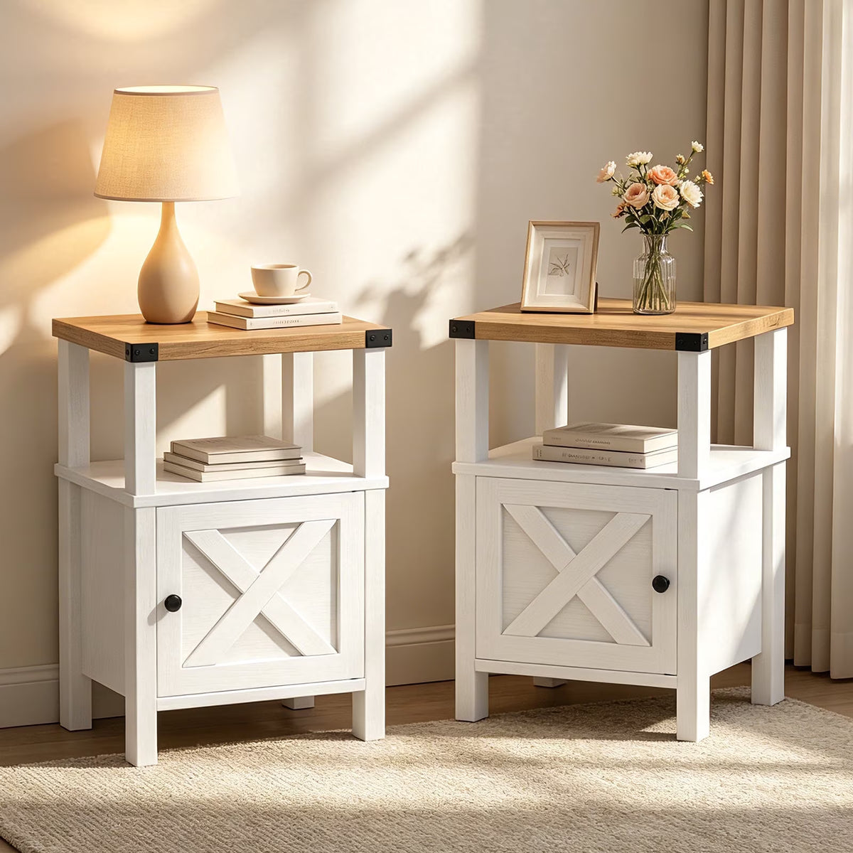 EVOKEDEN 2PCS Farmhouse Nightstands, Sofa Side End Table w/ Storage & Barn Door for Bedroom Living Room White