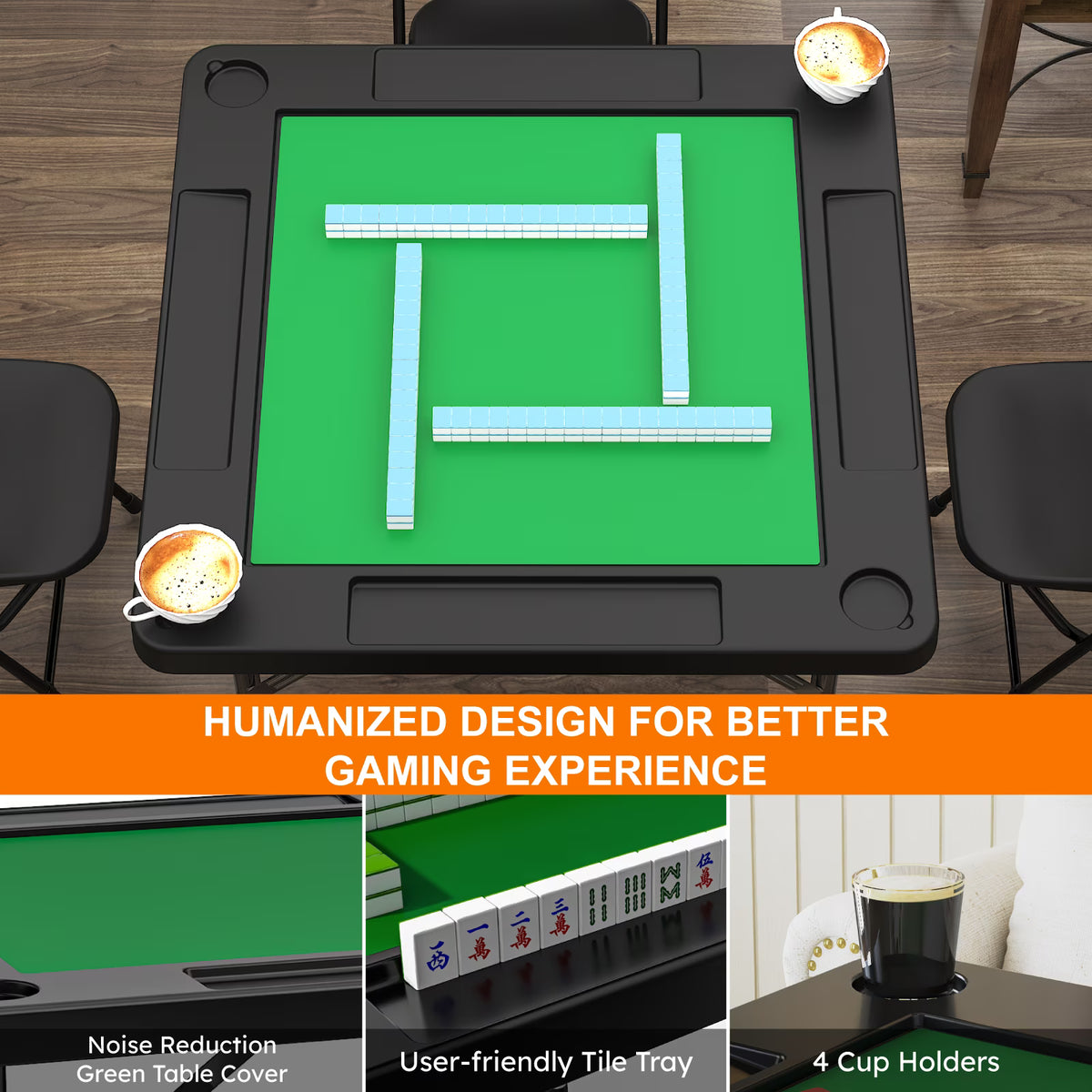 EVOKEDEN 35.4" Folding Mahjong Table with Cup Holder & Green Felt, Portable Domino Tables for 4 Players, Black