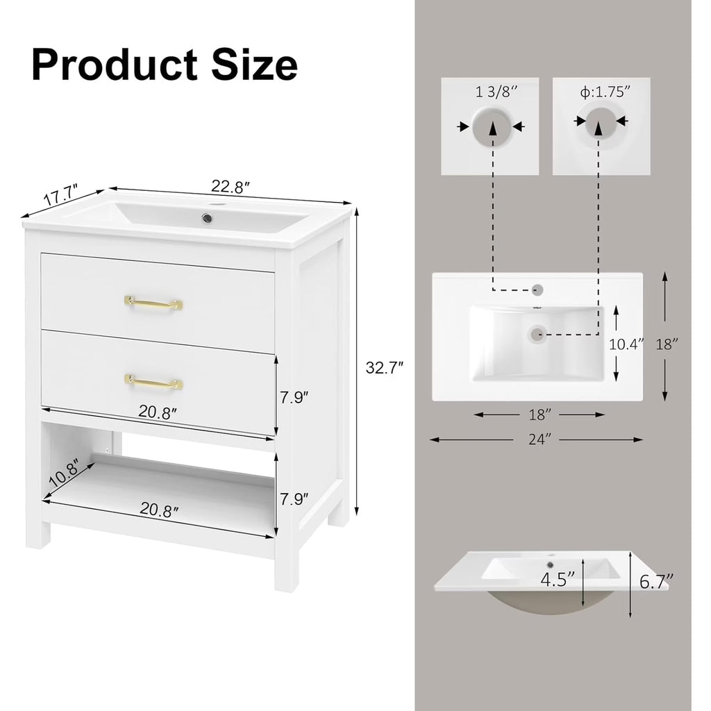 EVOKEDEN 24” Bathroom Vanity with Sink, Modern Bathroom Cabinet Set with LED Light for Small Space, 2 Soft-Close Drawers with Organizer, White