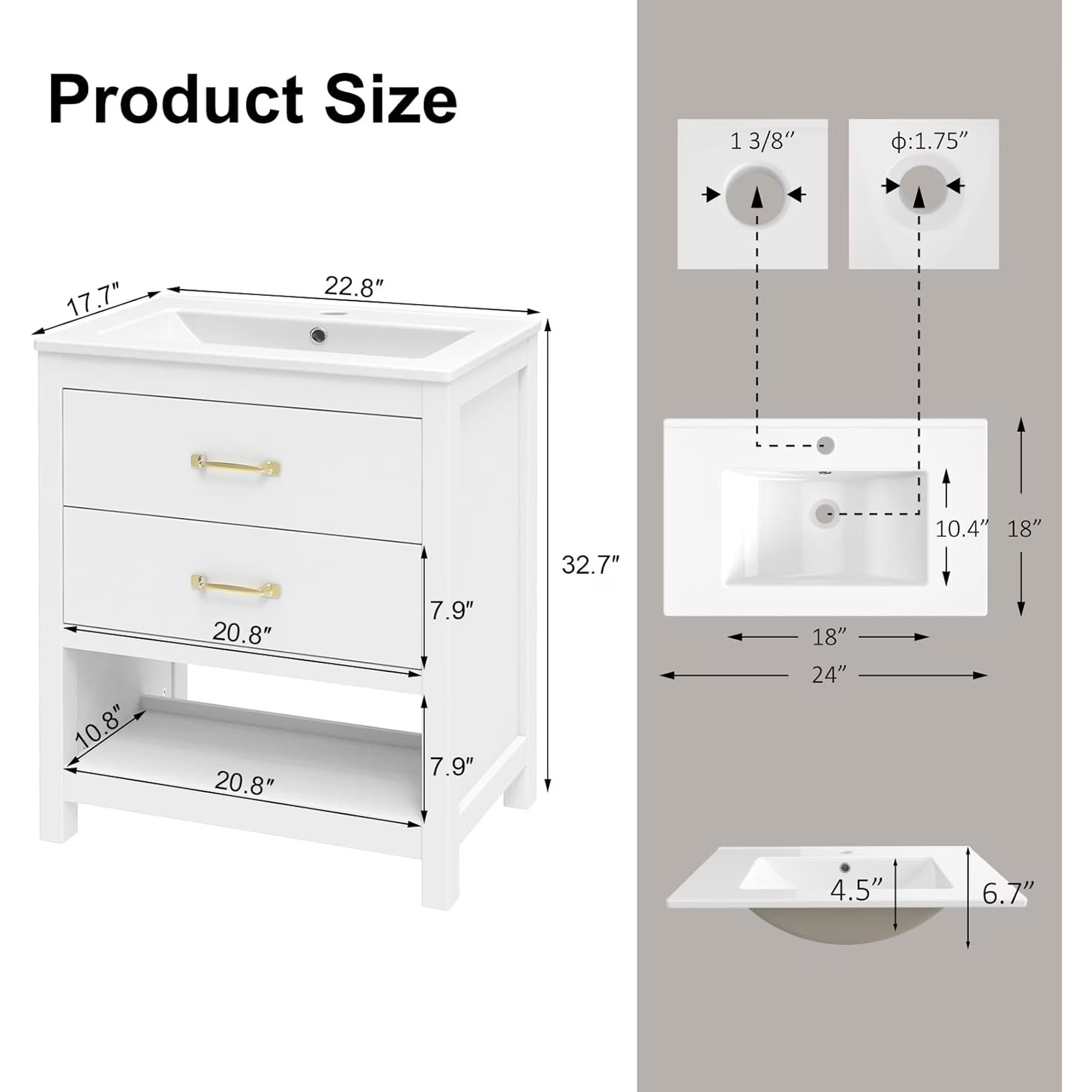 EVOKEDEN 24” Bathroom Vanity with Sink, Modern Bathroom Cabinet Set with LED Light for Small Space, 2 Soft-Close Drawers with Organizer, White