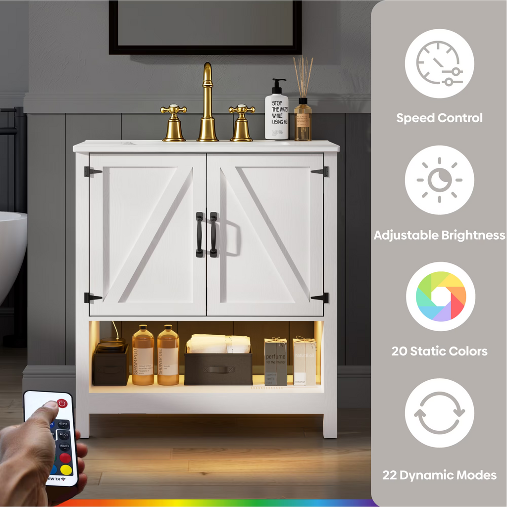 EVOKEDEN 30" Bathroom Vanity w/ Ceramic Sink & LED Light, Freestanding Storage Cabinet w/ Organizer, White