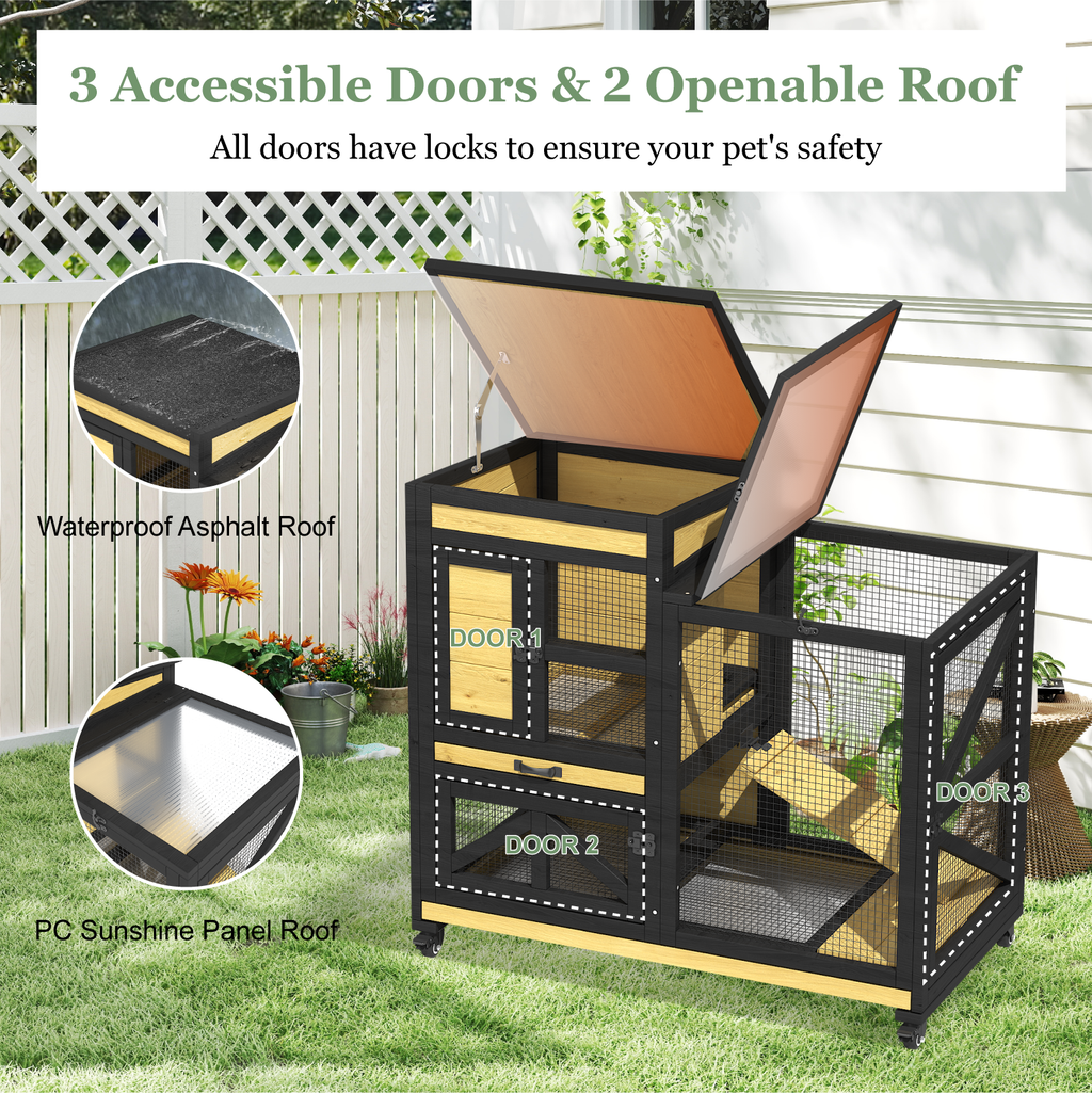 TIMHAKA Large 2-Story Rabbit Cage with Run – Indoor & Outdoor Bunny Hutch 2 Removable Trays, Waterproof Roof, 4 Metal Wheels