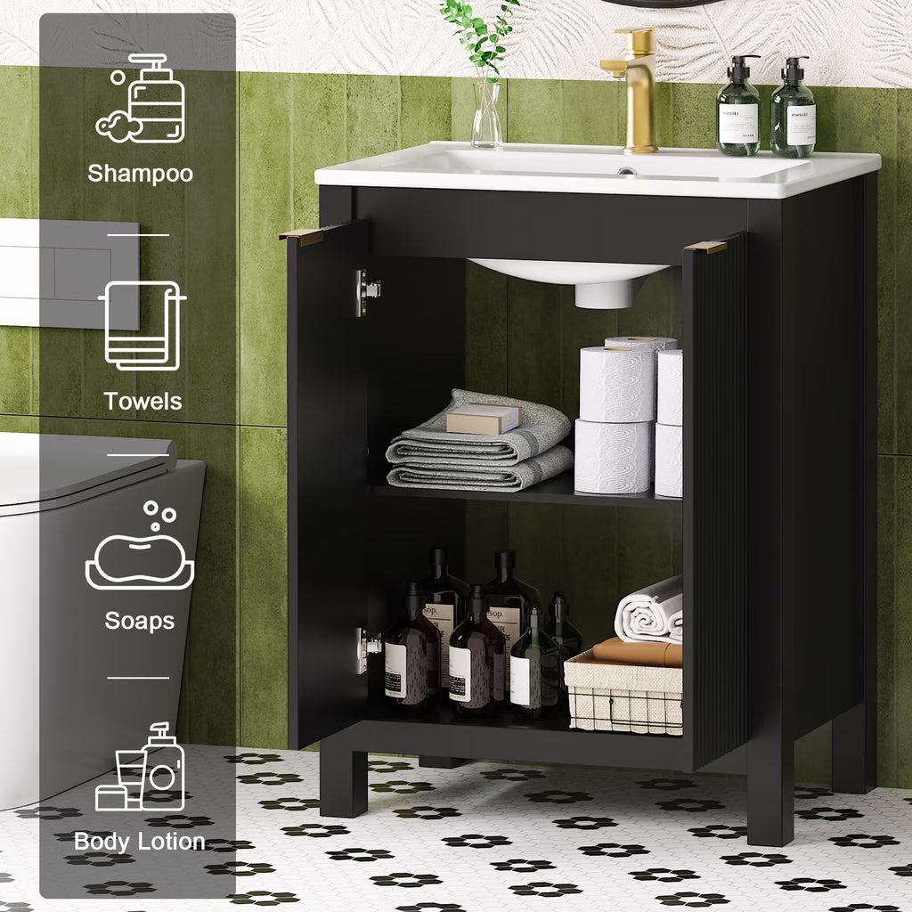 EVOKEDEN 24" Bathroom Vanity with Sink, Freestanding Vanity Cabinet with Soft-Close Doors, Black