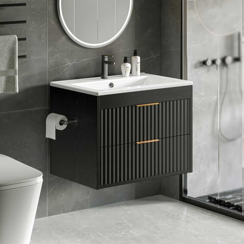 EVOKEDEN 24” Floating Bathroom Vanity with Sink, Wall-Mounted Vanity with 2 Drawers & LED Light, Black