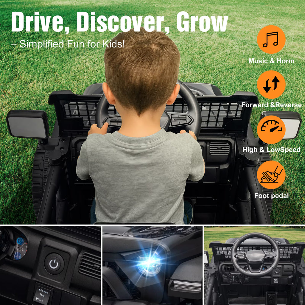 EVOKEDEN 12V Remote Control Ride On Car for Kids, Electric Toddler Car with Spring Suspension, LED Lights & Music, Black