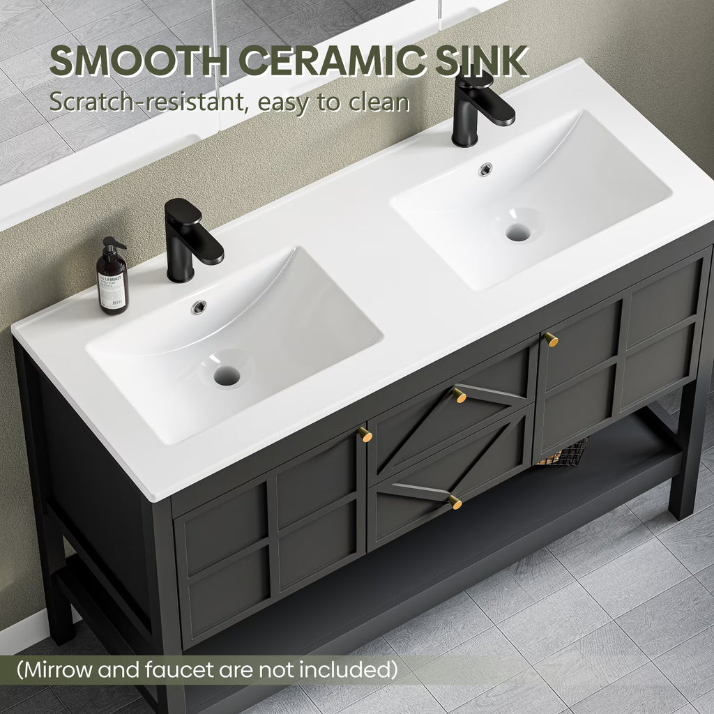 EVOKEDEN 48" Bathroom Vanity with Double Sink Combo, Undermount Sink Bathroom Storage Cabinet with 2 Drawers & 2 Soft-Close Doors, Freestanding Farmhouse Cabinet with Open Storage Shelf, Black