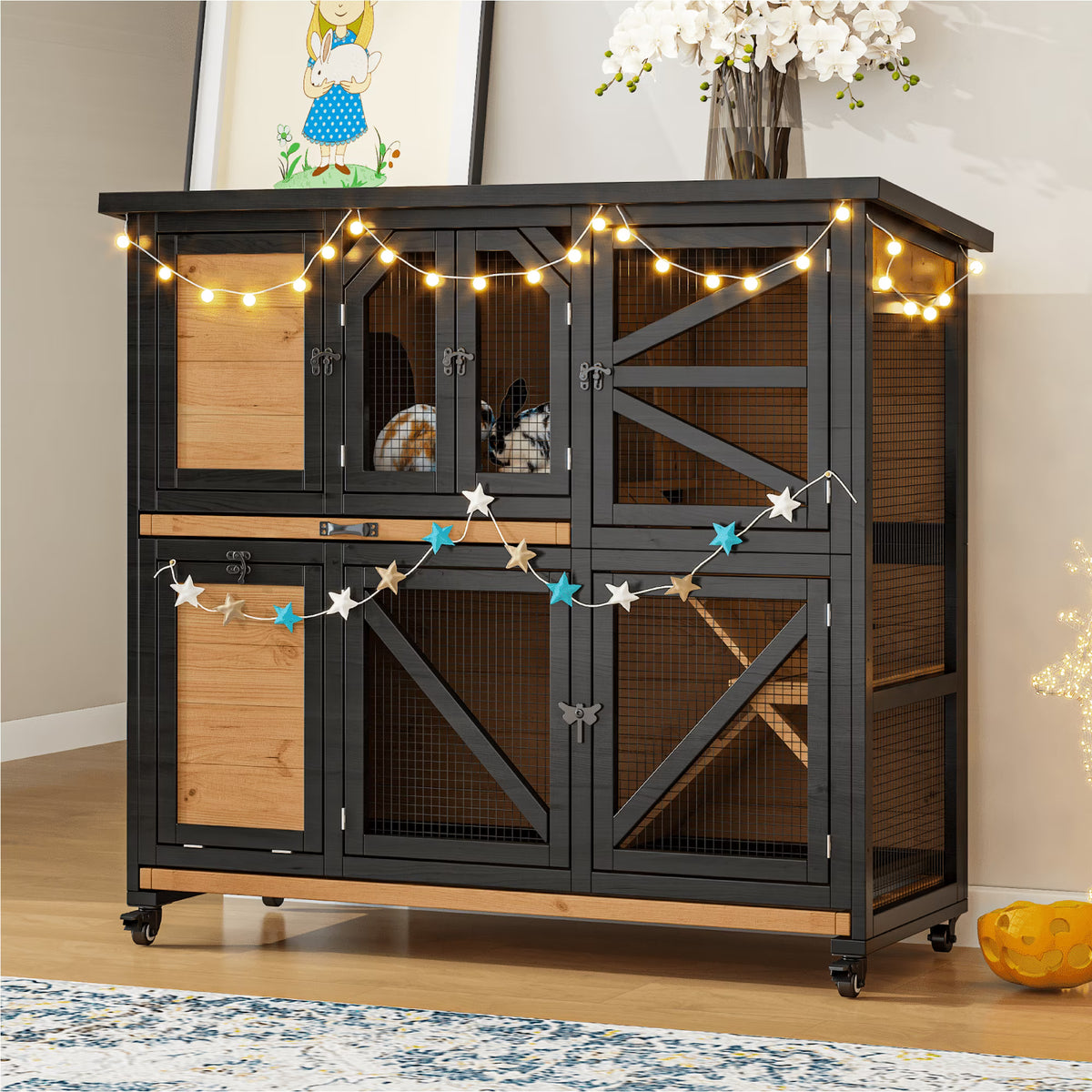 TIMHAKA Two-Story Wooden Rabbit Hutch w/ Wheels, Indoor & Outdoor Bunny Cage, Guinea Pig Cage w/ Removable Trays